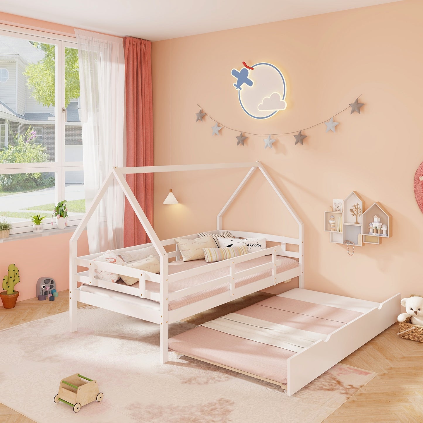 Twin House Bed with Trundle and Fence Rail-White Kids Crystal