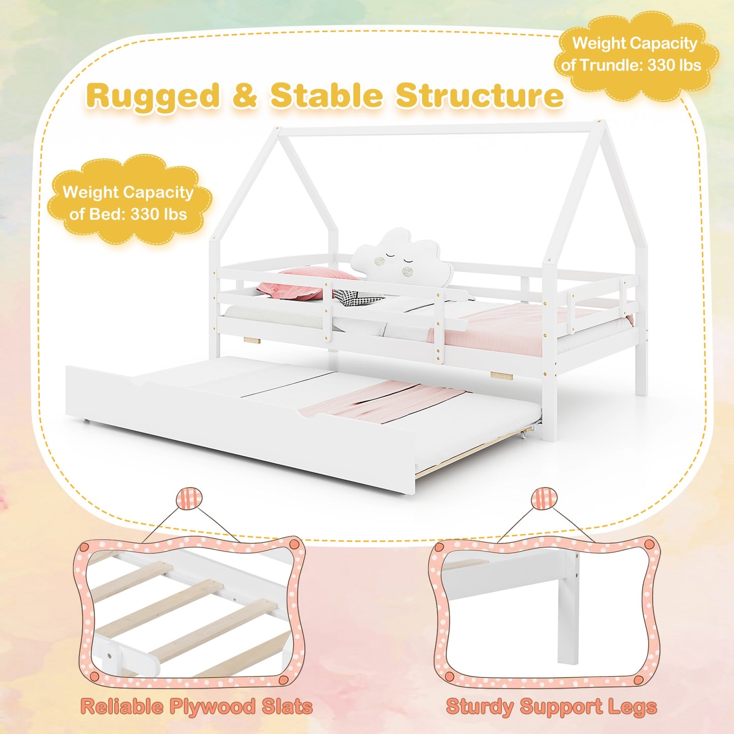 Twin House Bed with Trundle and Fence Rail-White Kids Crystal
