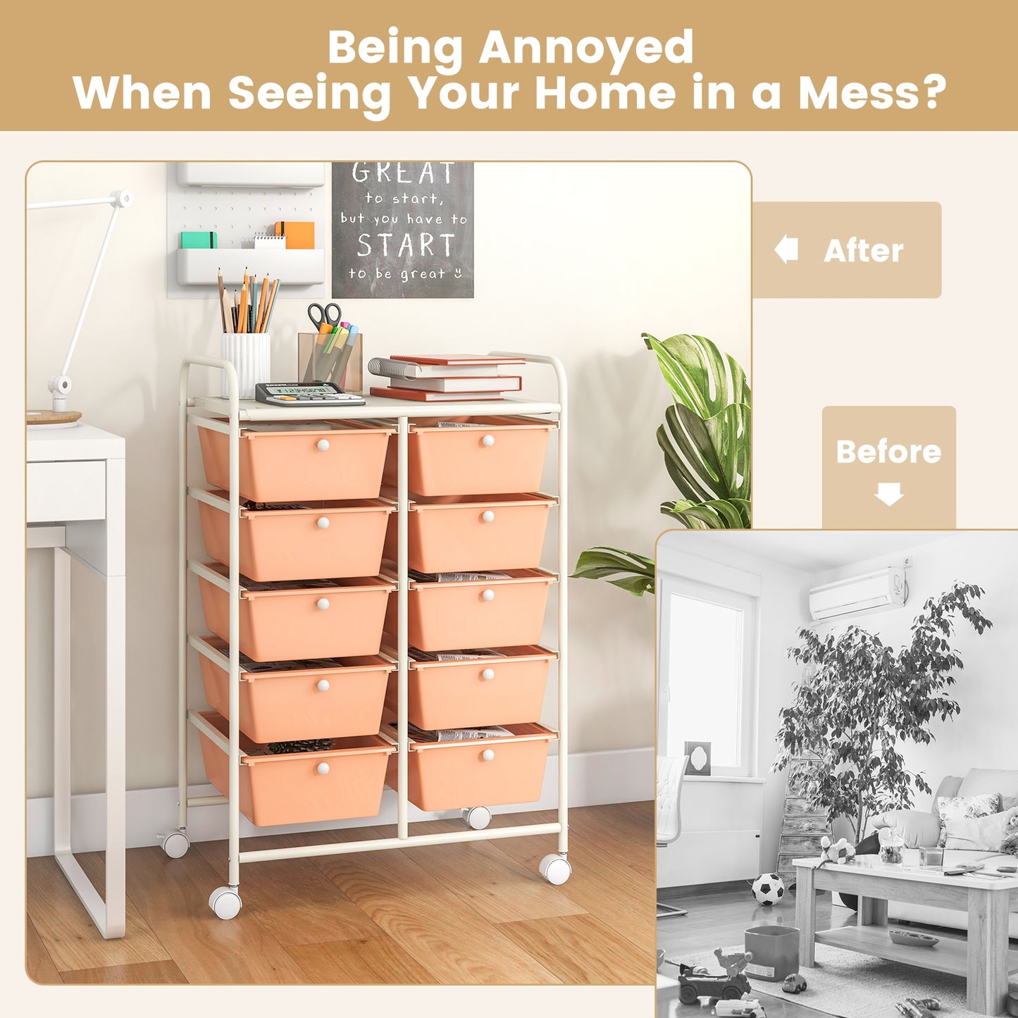 10-Drawer Rolling Storage Cart-Peach Kids Crystal