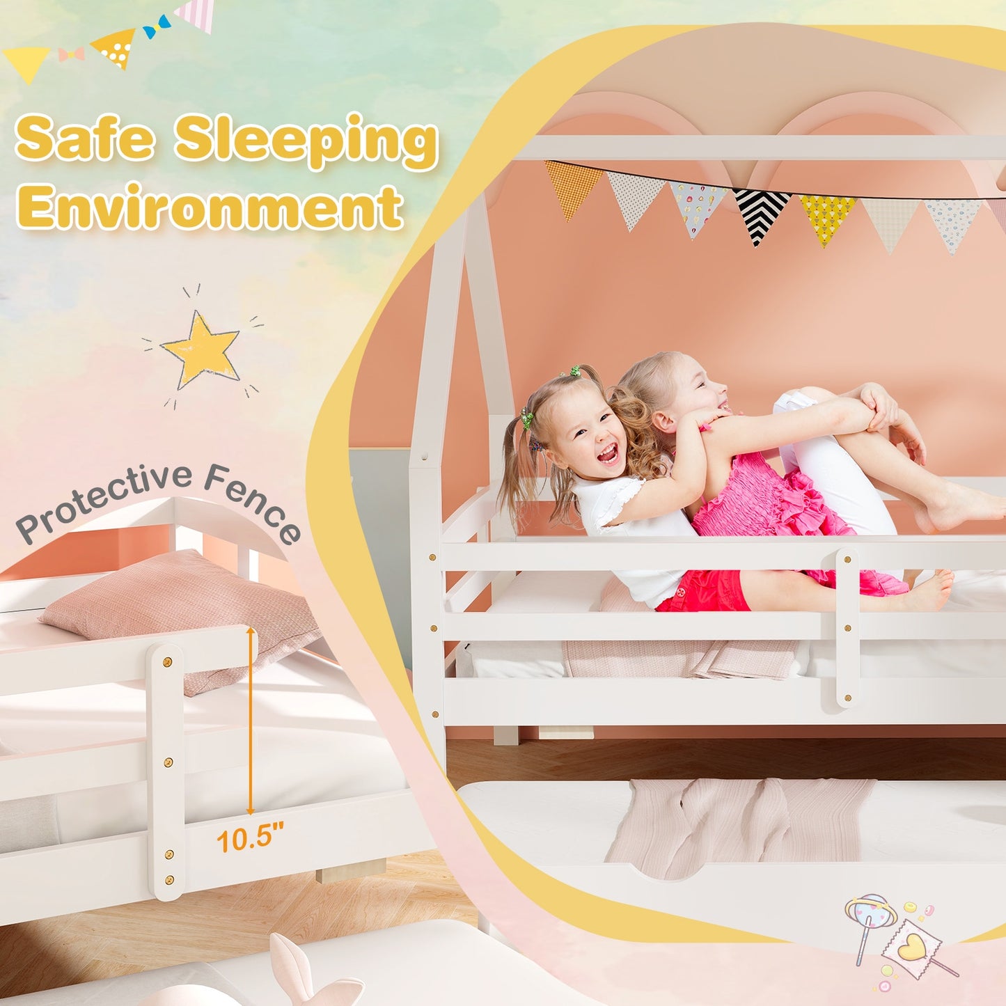 Twin House Bed with Trundle and Fence Rail-White Kids Crystal
