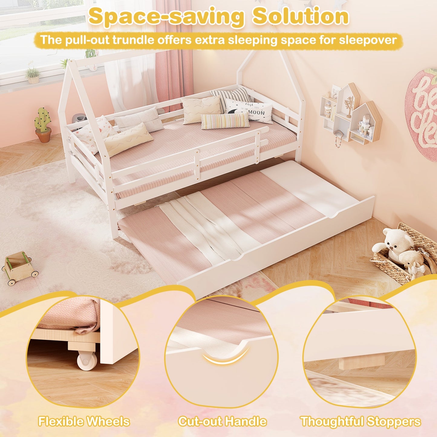 Twin House Bed with Trundle and Fence Rail-White Kids Crystal