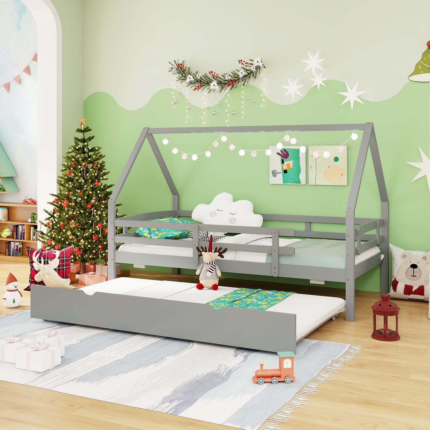 Twin House Bed with Trundle and Fence Rail-Gray Kids Crystal