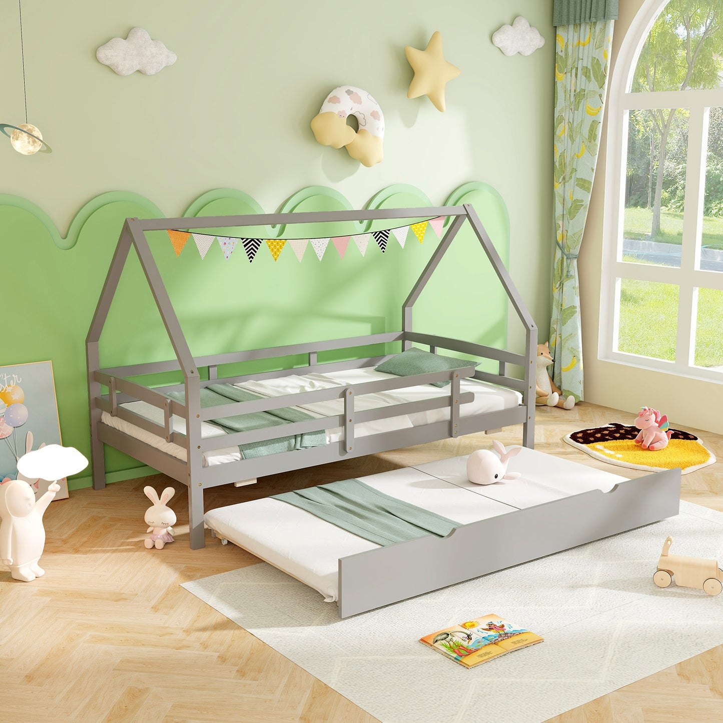 Twin House Bed with Trundle and Fence Rail-Gray Kids Crystal