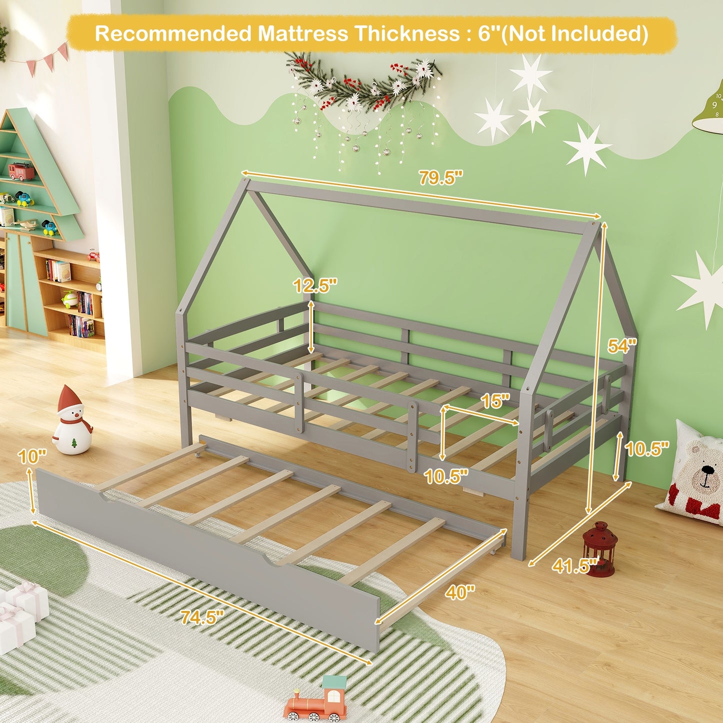 Twin House Bed with Trundle and Fence Rail-Gray Kids Crystal