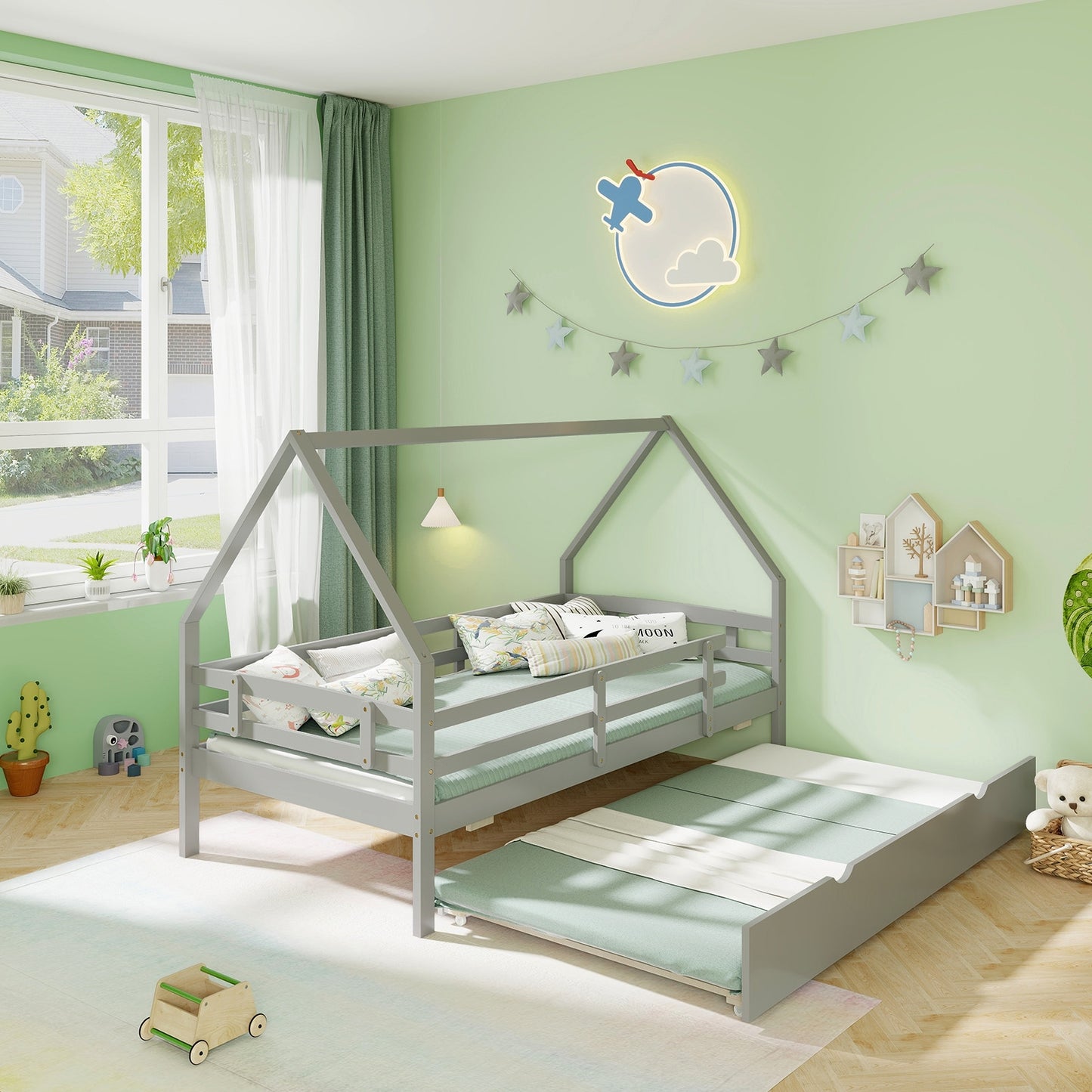Twin House Bed with Trundle and Fence Rail-Gray Kids Crystal