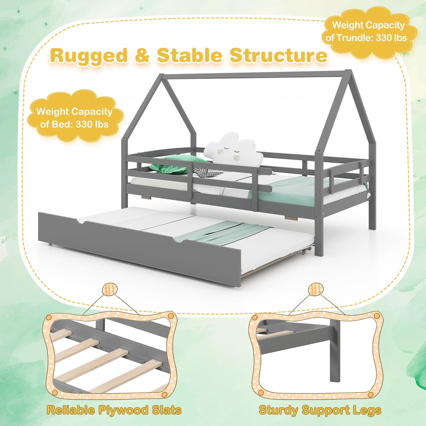Twin House Bed with Trundle and Fence Rail-Gray Kids Crystal