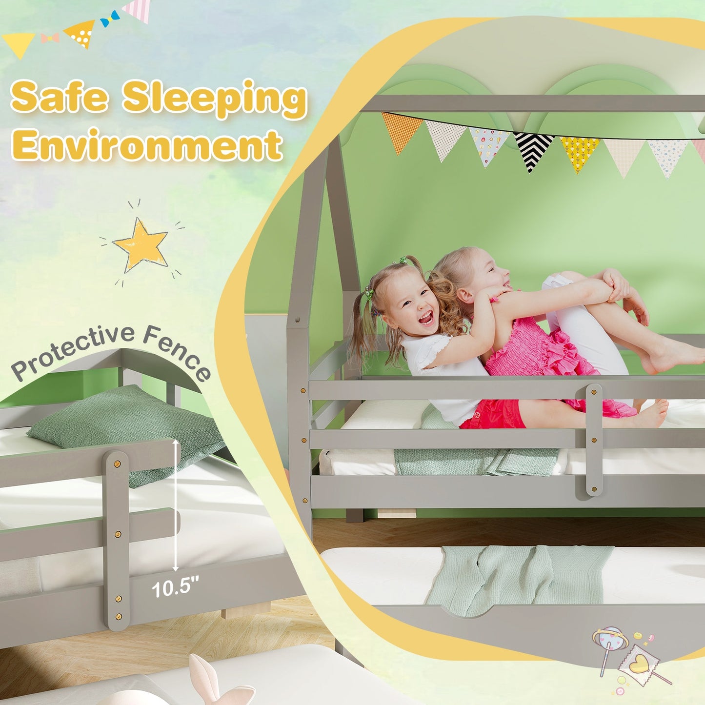 Twin House Bed with Trundle and Fence Rail-Gray Kids Crystal