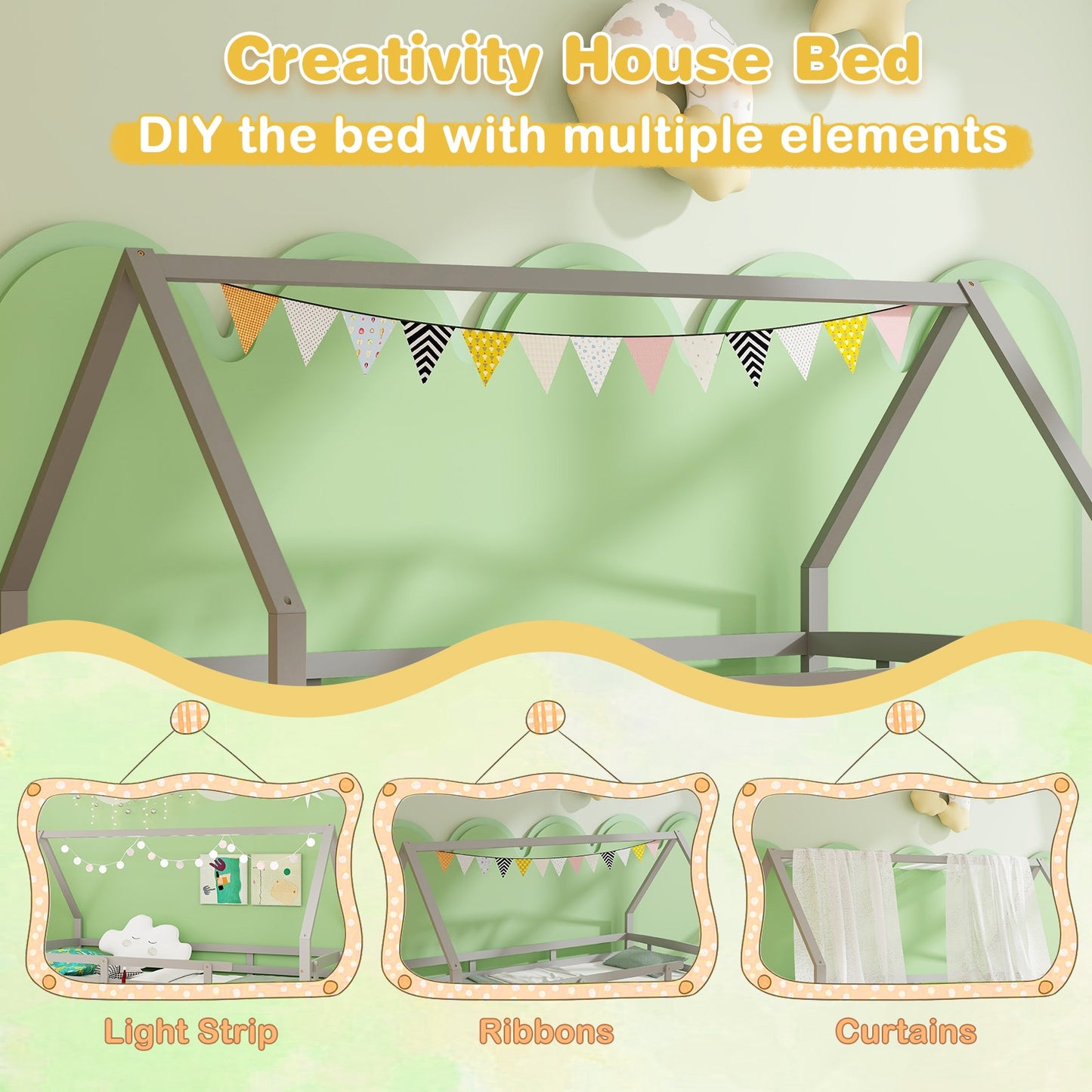 Twin House Bed with Trundle and Fence Rail-Gray Kids Crystal