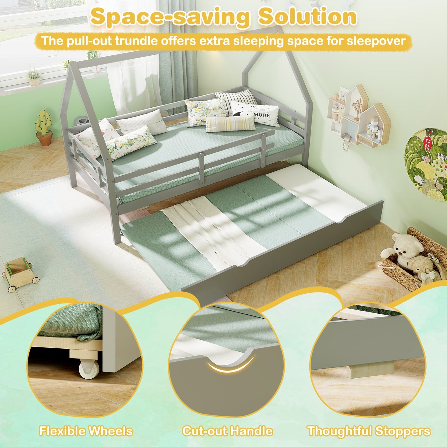 Twin House Bed with Trundle and Fence Rail-Gray Kids Crystal