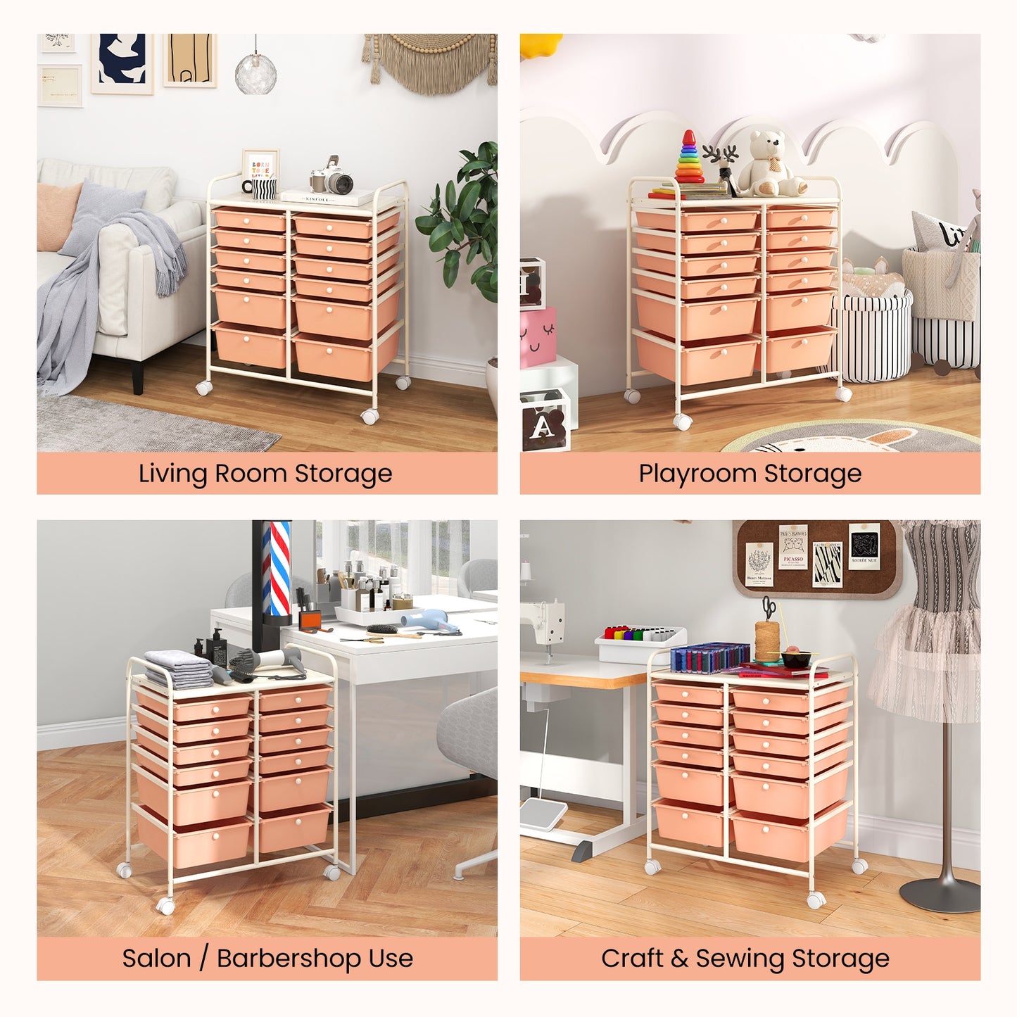 12-Drawer Rolling Storage Cart with Removable Drawers and Lockable Wheels-Peach Kids Crystal