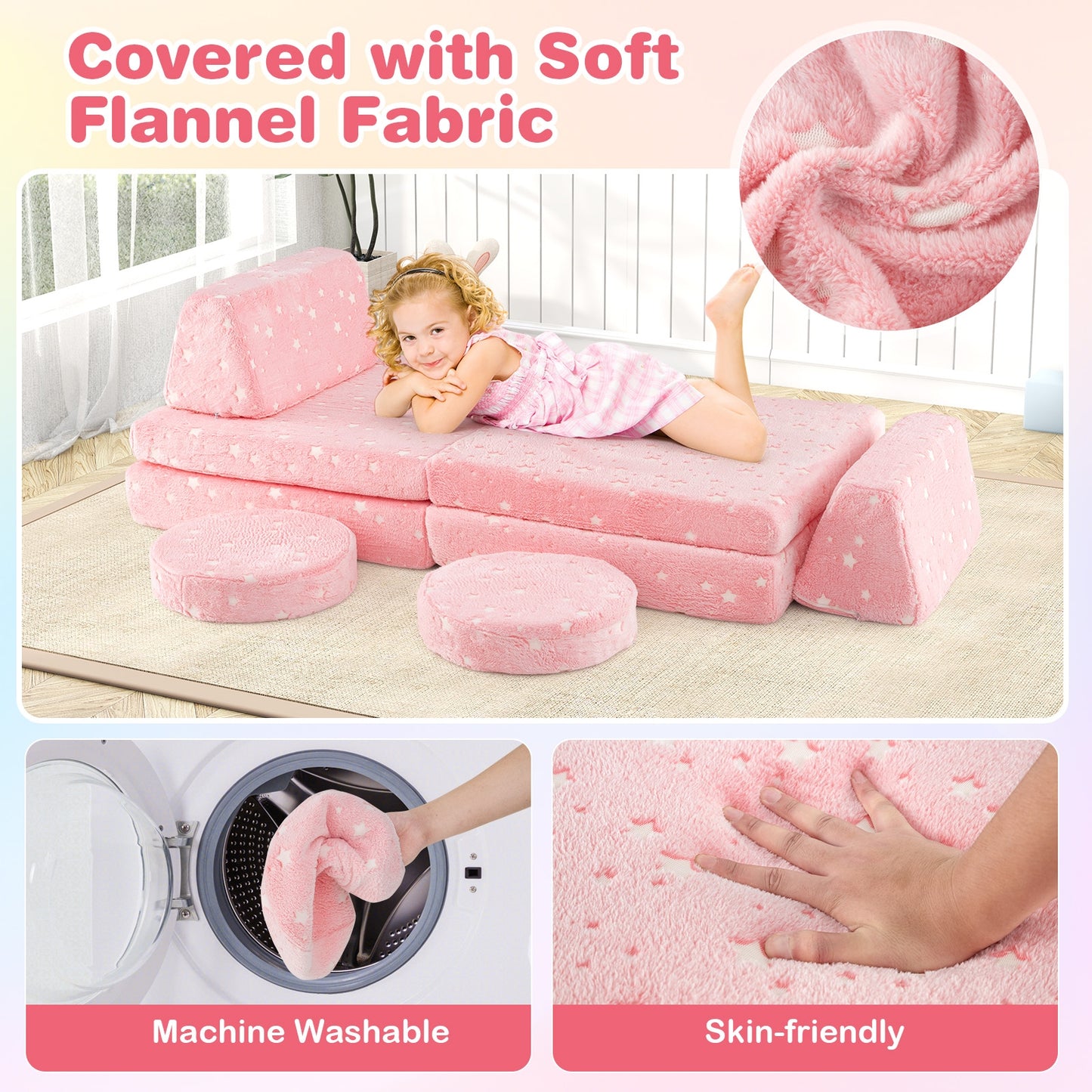 Modular Kids Play Couch Set Glow in the Dark with Portable Handles-Pink Kids Crystal