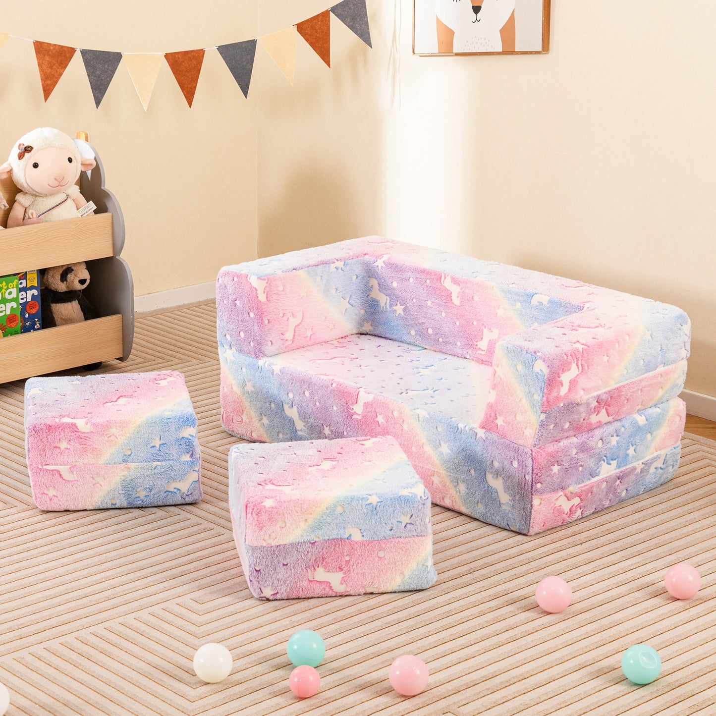 2 Seater Kids Play Couch with Removable and Machine Washable Flannel Cover-Color Kids Crystal