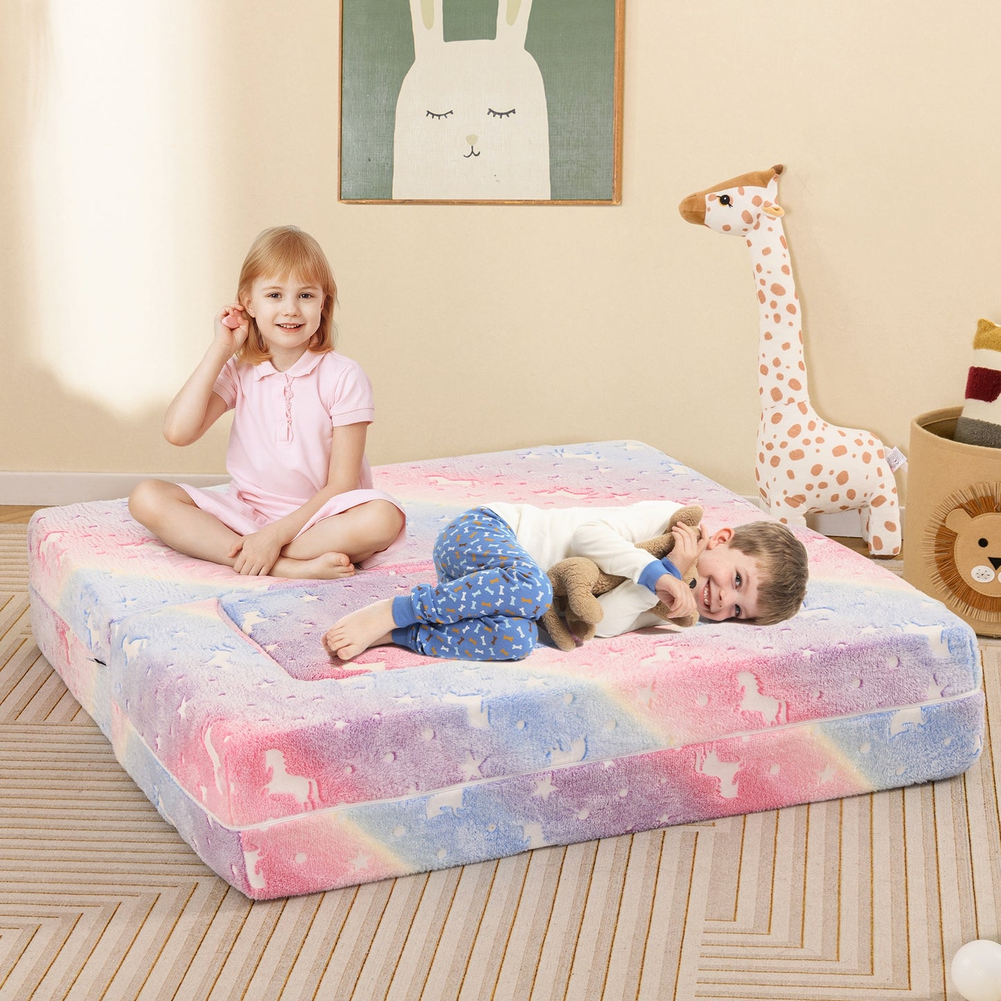 2 Seater Kids Play Couch with Removable and Machine Washable Flannel Cover-Color Kids Crystal