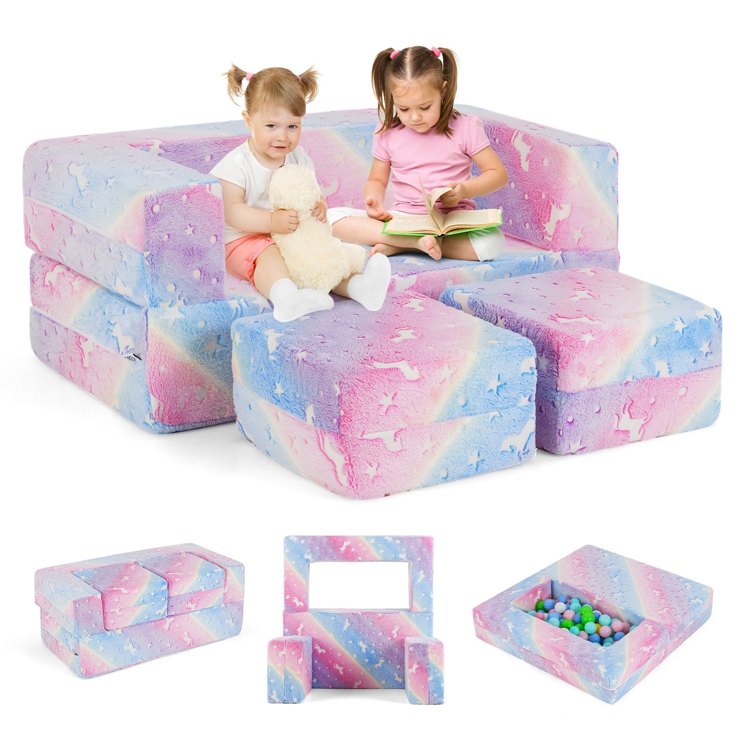 2 Seater Kids Play Couch with Removable and Machine Washable Flannel Cover-Color Kids Crystal