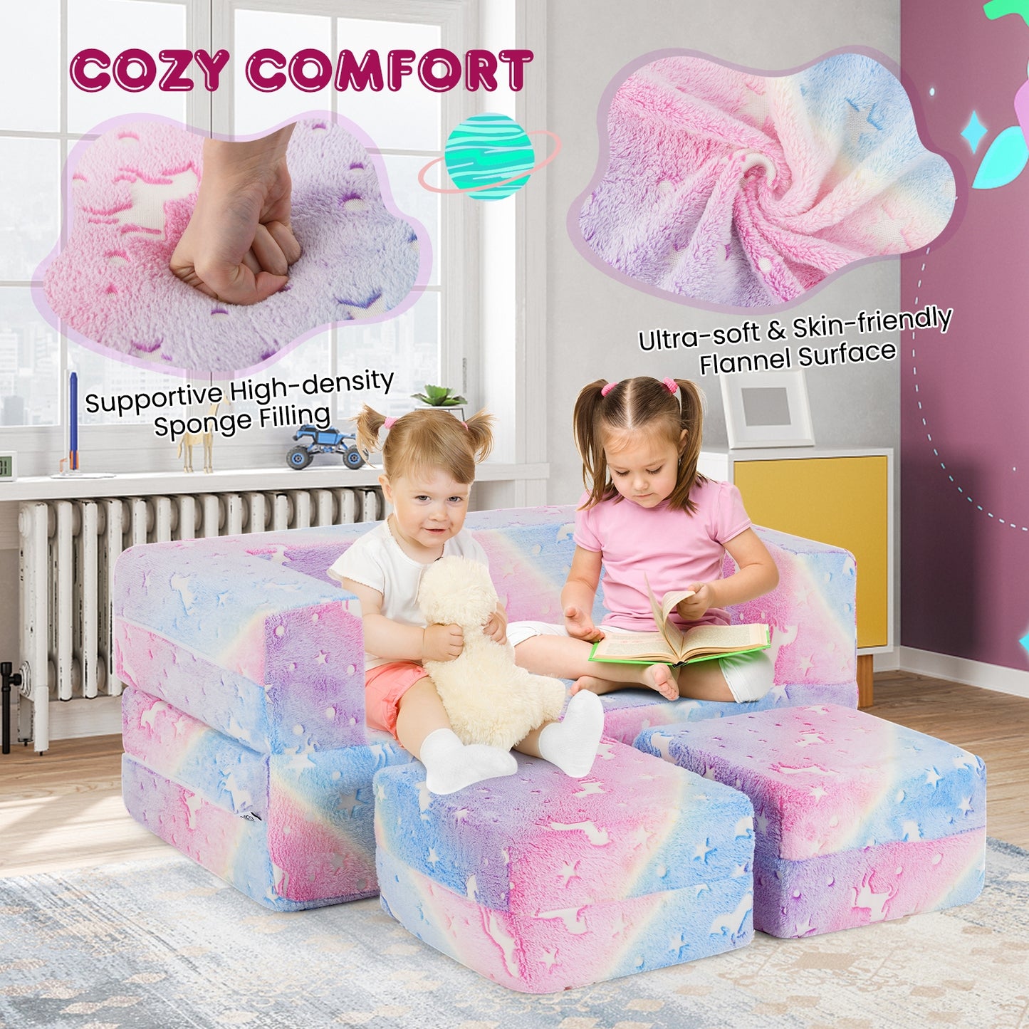 2 Seater Kids Play Couch with Removable and Machine Washable Flannel Cover-Color Kids Crystal