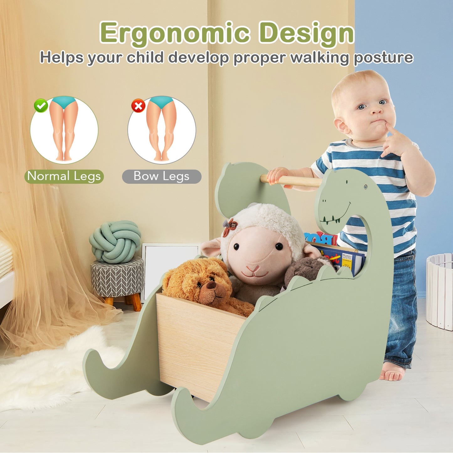 2 in 1 Wooden Baby Push Walker with Pine Wood Handle-Green Kids Crystal
