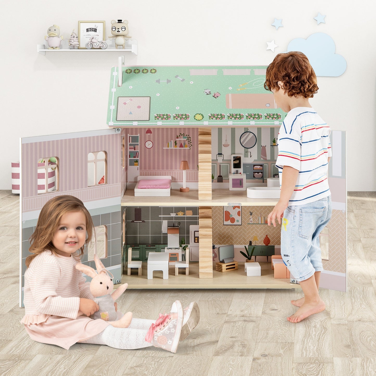 Kids Wooden Dollhouse 3 Level with Double-Sided Roofs and Doors-Pink Kids Crystal