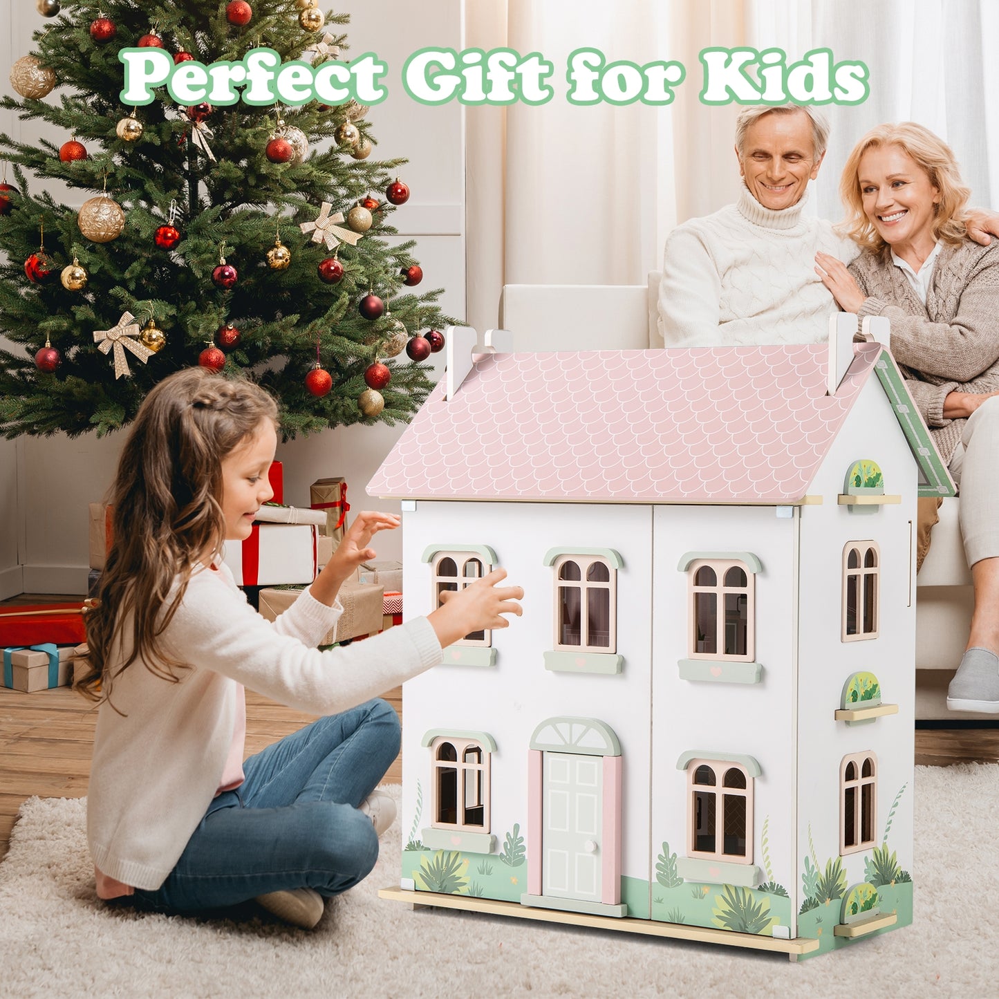 Kids Wooden Dollhouse 3 Level with Double-Sided Roofs and Doors-Pink Kids Crystal