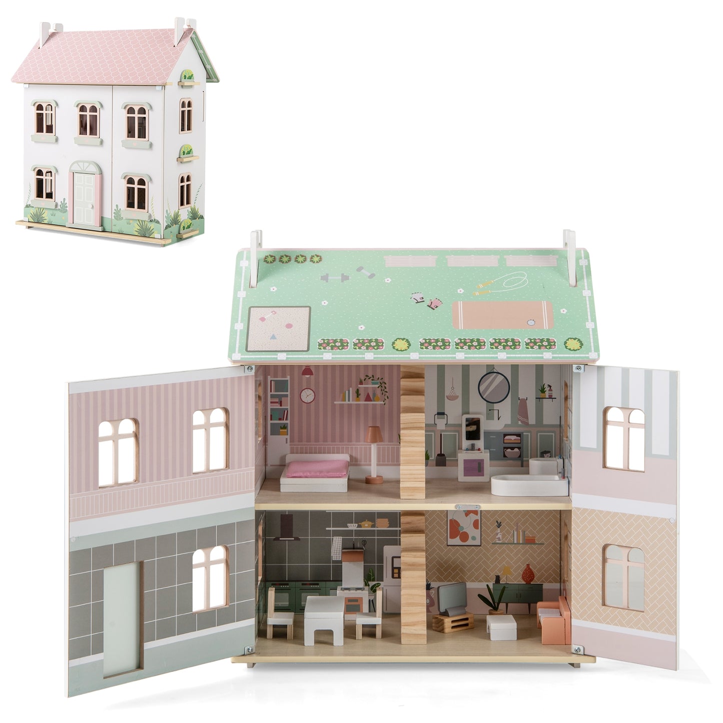 Kids Wooden Dollhouse 3 Level with Double-Sided Roofs and Doors-Pink Kids Crystal