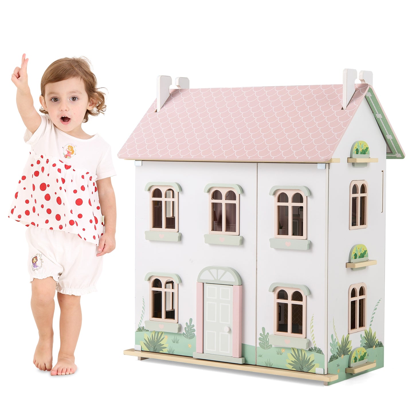 Kids Wooden Dollhouse 3 Level with Double-Sided Roofs and Doors-Pink Kids Crystal