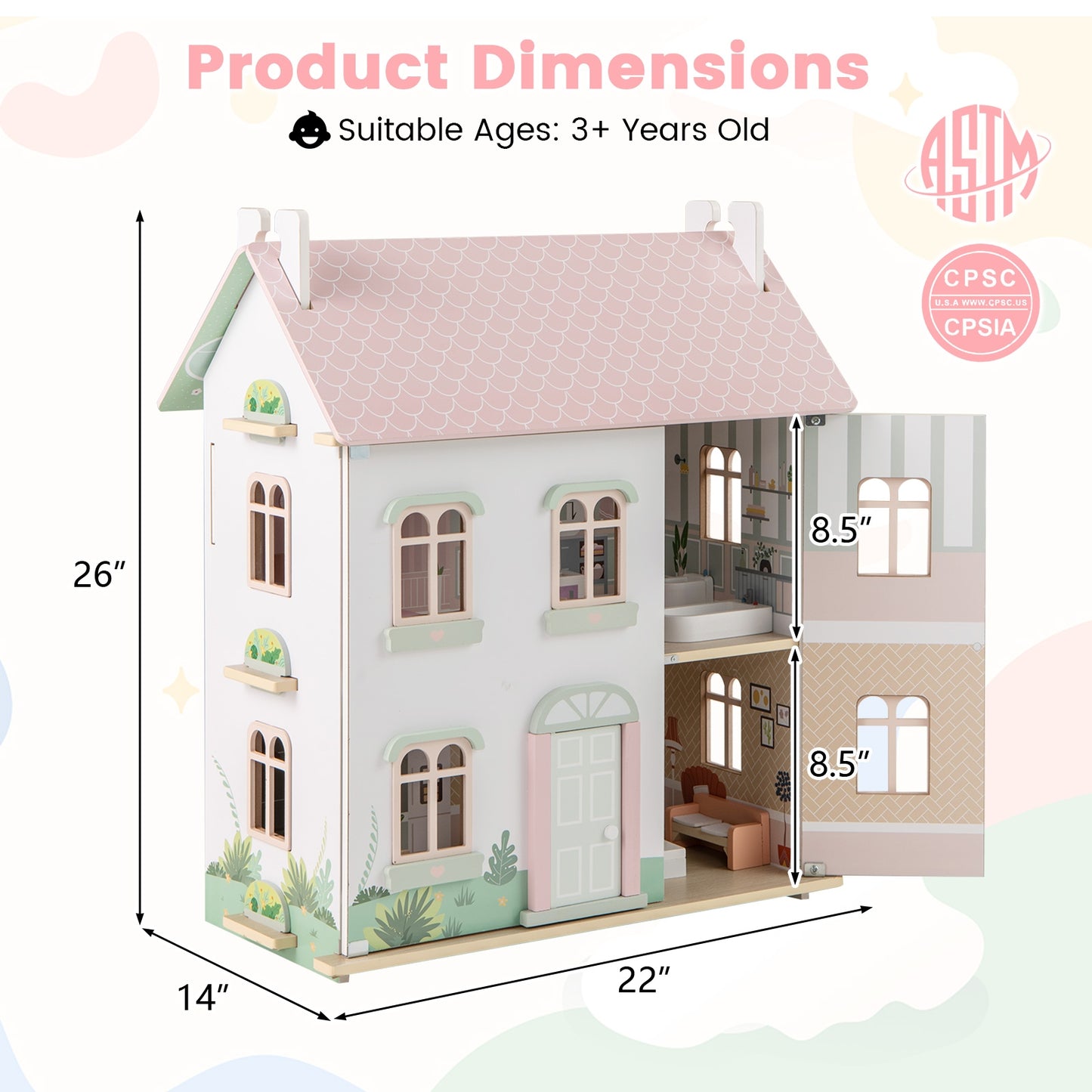 Kids Wooden Dollhouse 3 Level with Double-Sided Roofs and Doors-Pink Kids Crystal