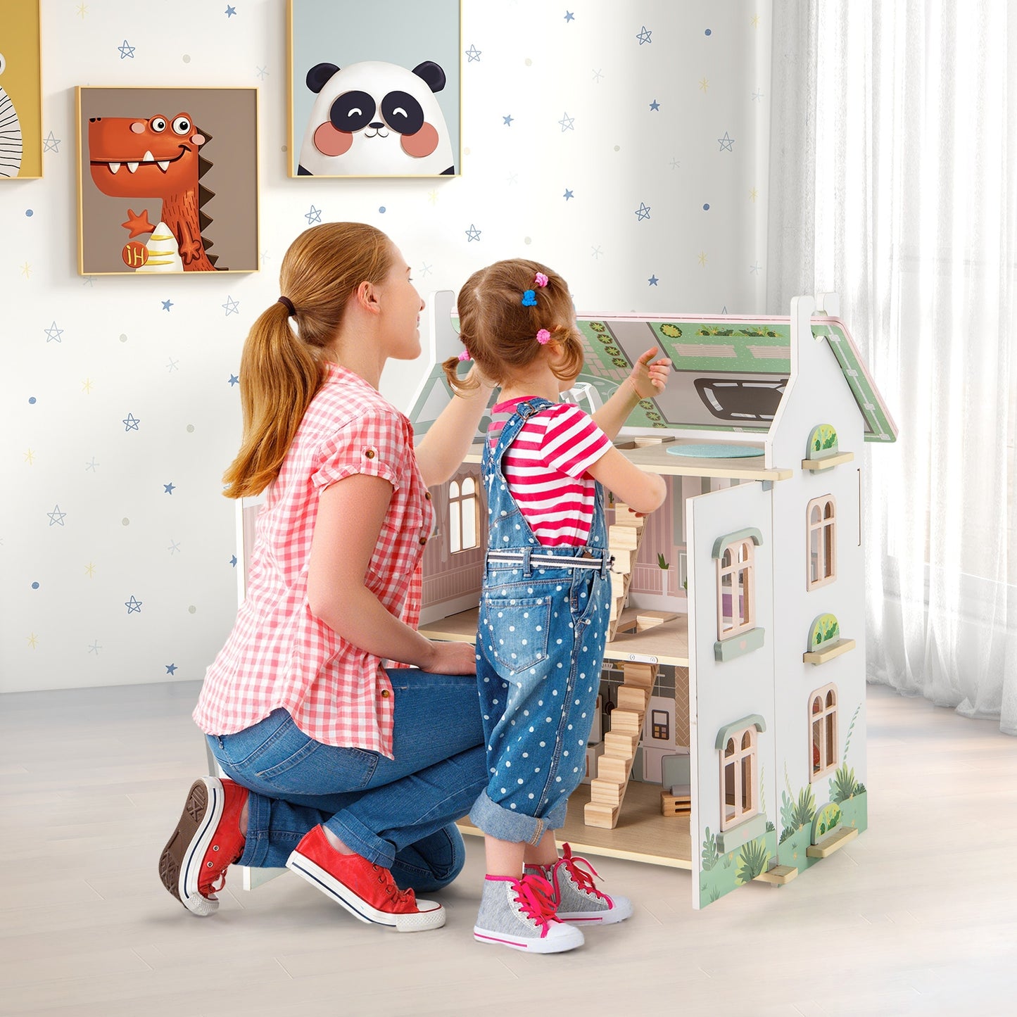 Kids Wooden Dollhouse 3 Level with Double-Sided Roofs and Doors-Pink Kids Crystal