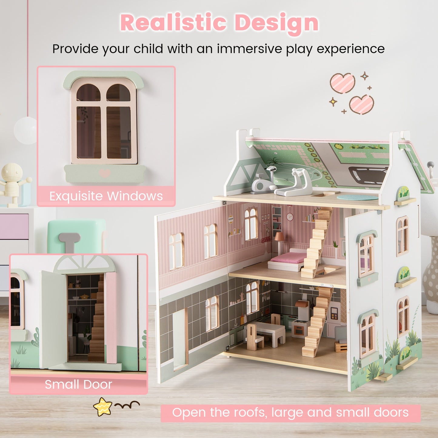 Kids Wooden Dollhouse 3 Level with Double-Sided Roofs and Doors-Pink Kids Crystal