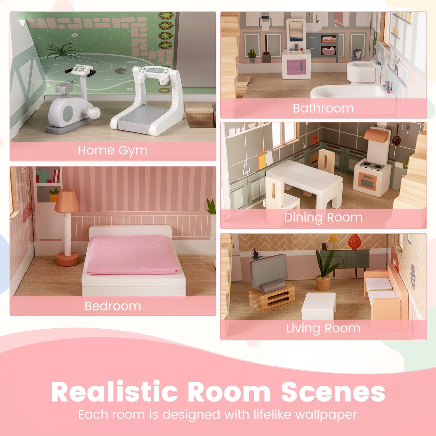 Kids Wooden Dollhouse 3 Level with Double-Sided Roofs and Doors-Pink Kids Crystal