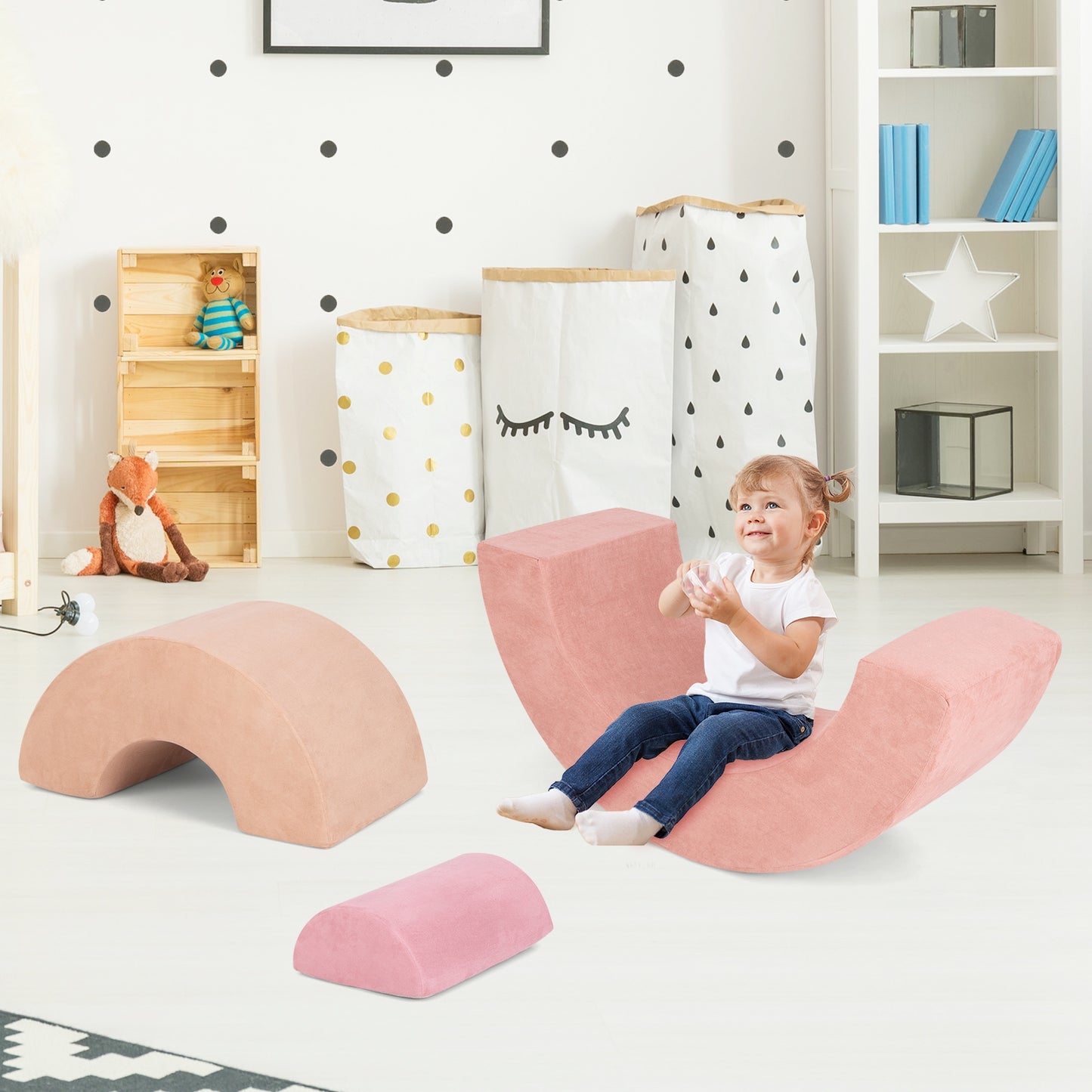 3 Piece Toddlers Climbing Toys Indoor Soft Play Equipment Playset-Pink Kids Crystal