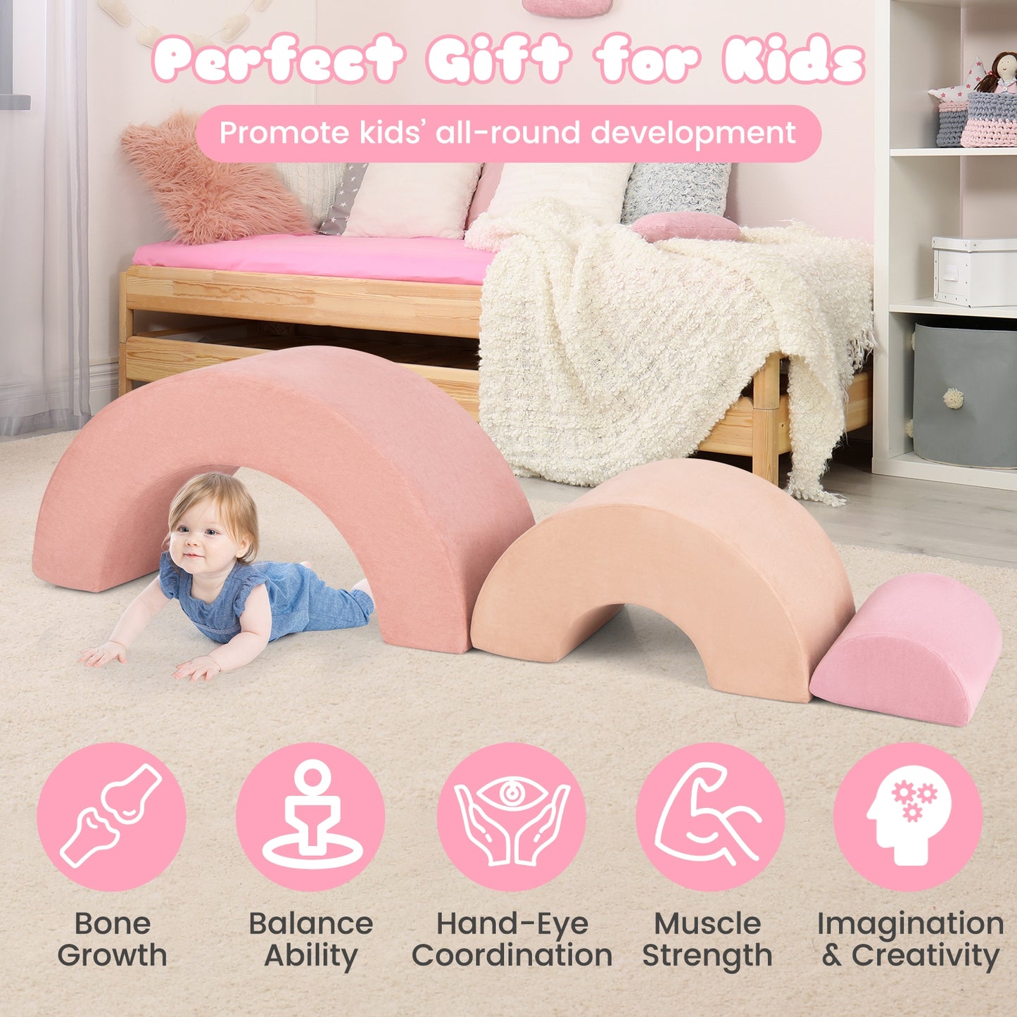 3 Piece Toddlers Climbing Toys Indoor Soft Play Equipment Playset-Pink Kids Crystal