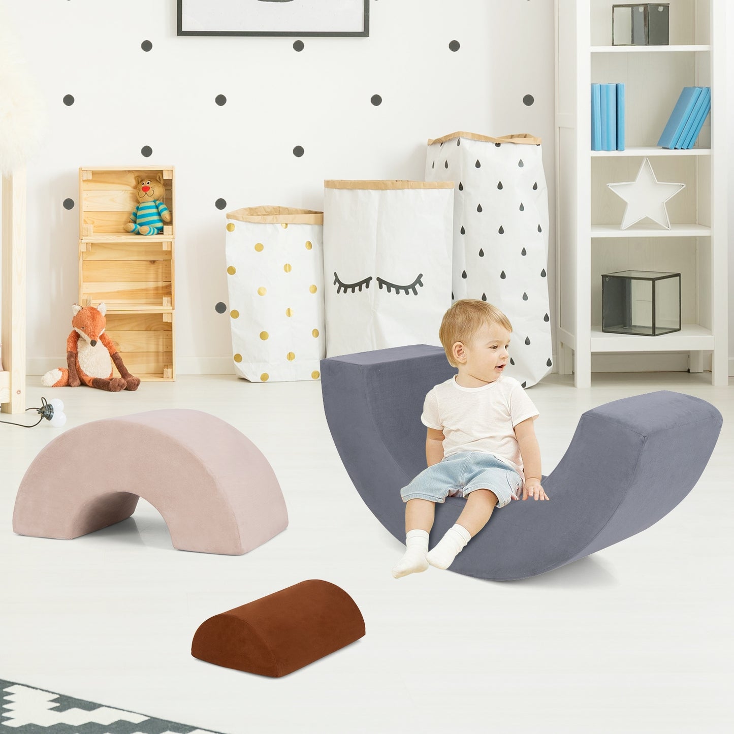 3 Piece Toddlers Climbing Toys Indoor Soft Play Equipment Playset-Grey Kids Crystal