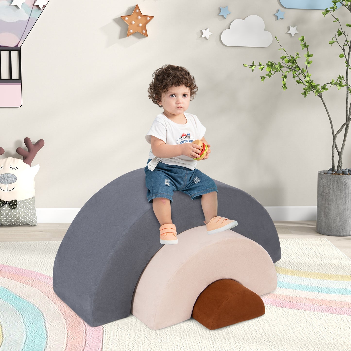3 Piece Toddlers Climbing Toys Indoor Soft Play Equipment Playset-Grey Kids Crystal