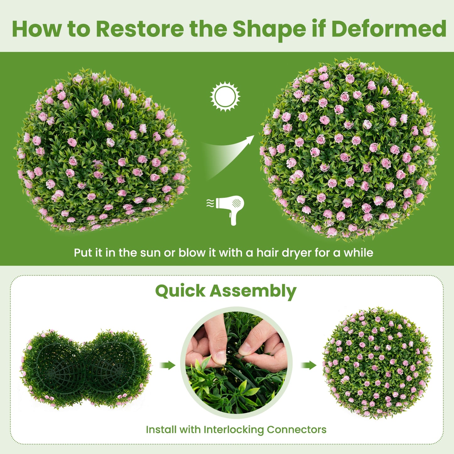 2 Pieces Artificial Plant Topiary Balls 17.5 Inch Faux Decorative Balls with Pink Flowers Kids Crystal