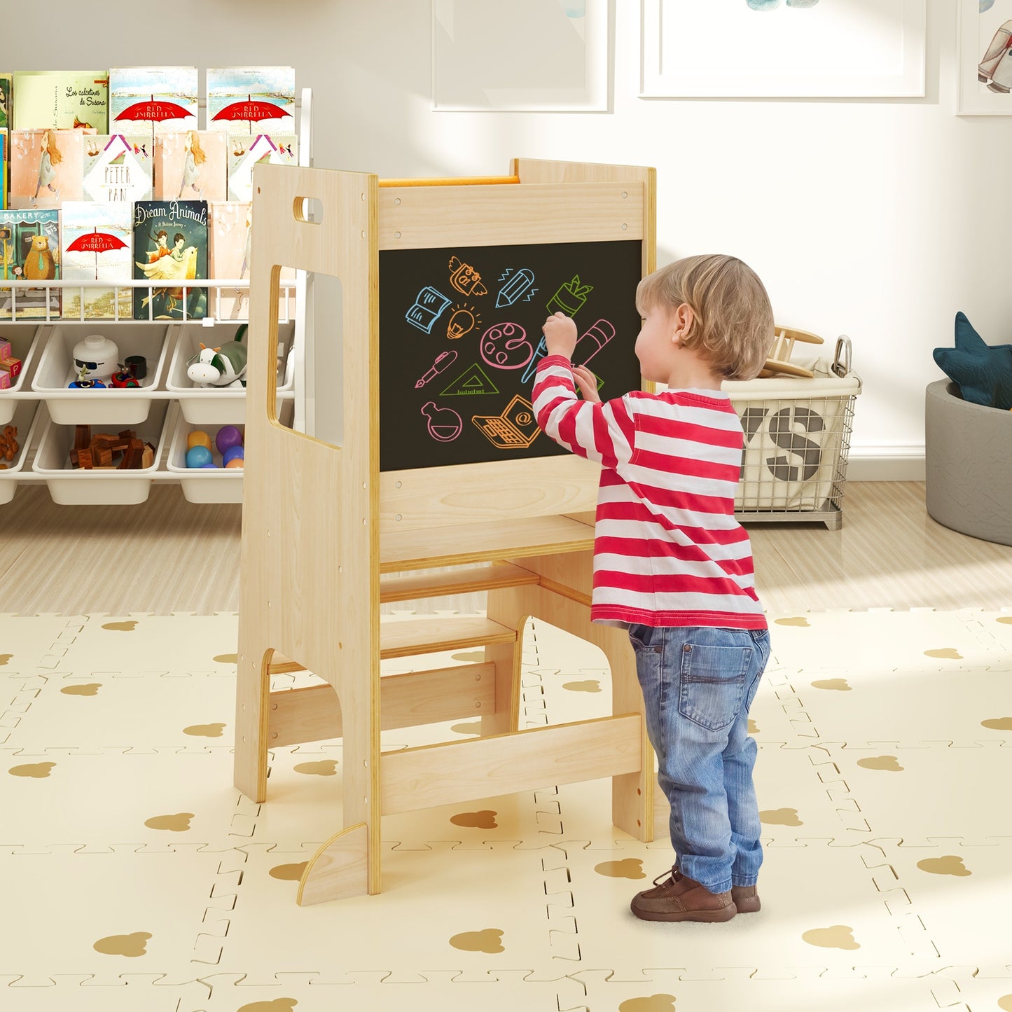 Toddler Kitchen Step Stool with Activity Chalkboard and Adjustable Height-Natural