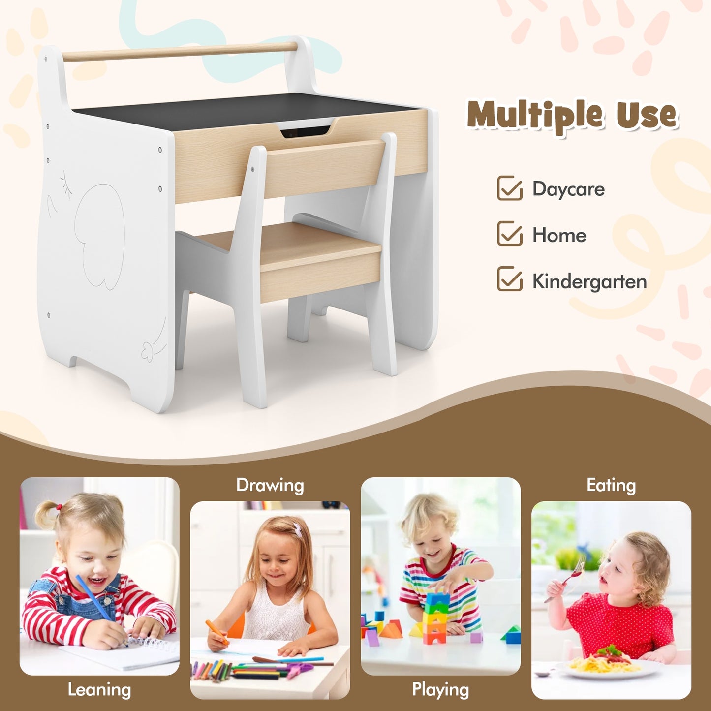 Kids Table and Chair Set with 2 in 1 Detachable Tabletop and Storage-White Kids Crystal