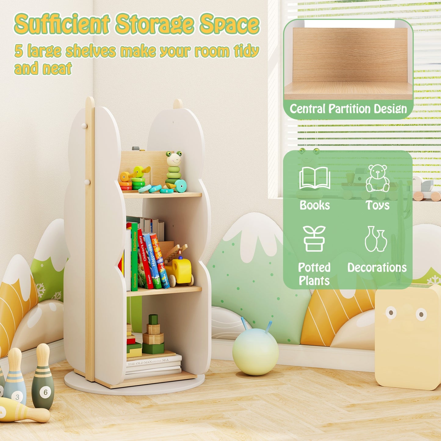 360° Kid's Rotating Bookshelf Toy Storage Organizer with 5 Shelves-White Kids Crystal