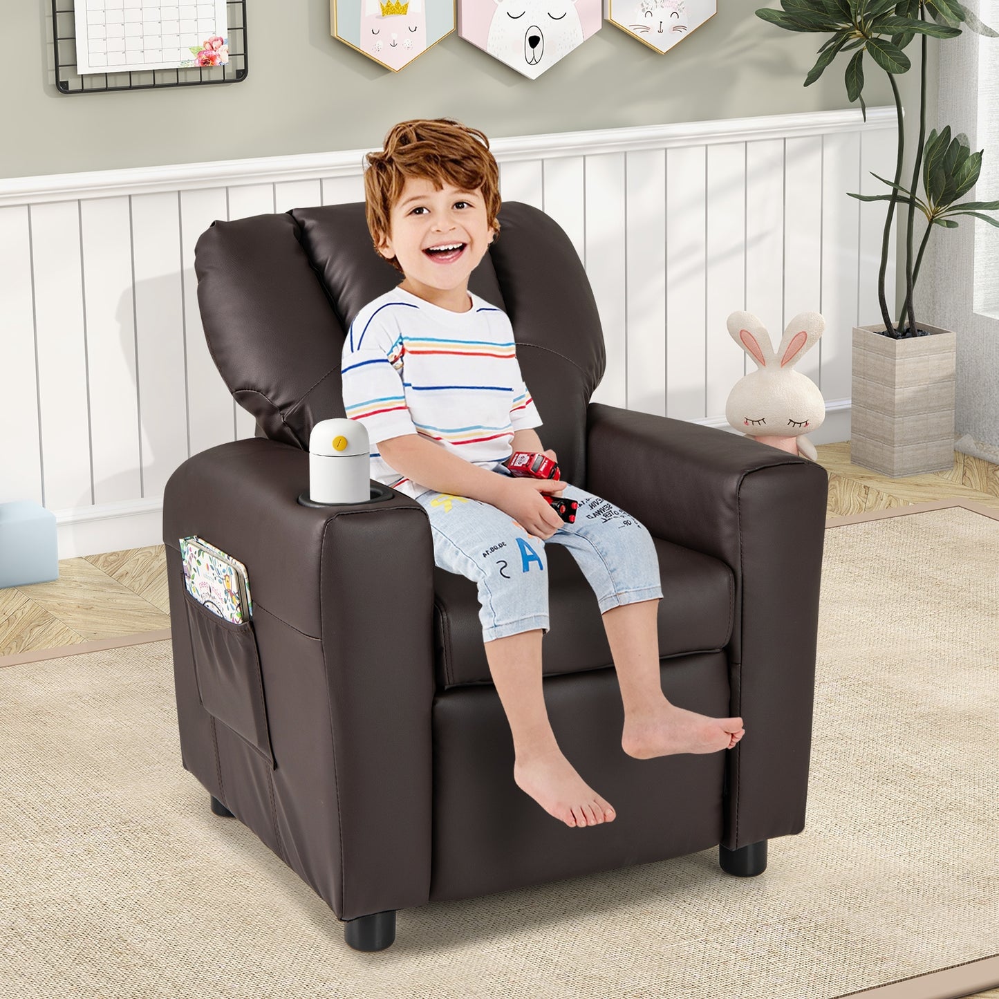 Kids Recliner Chair PU Leather Push Back Toddler Recliner with Cup Holder and Side Pocket-Brown