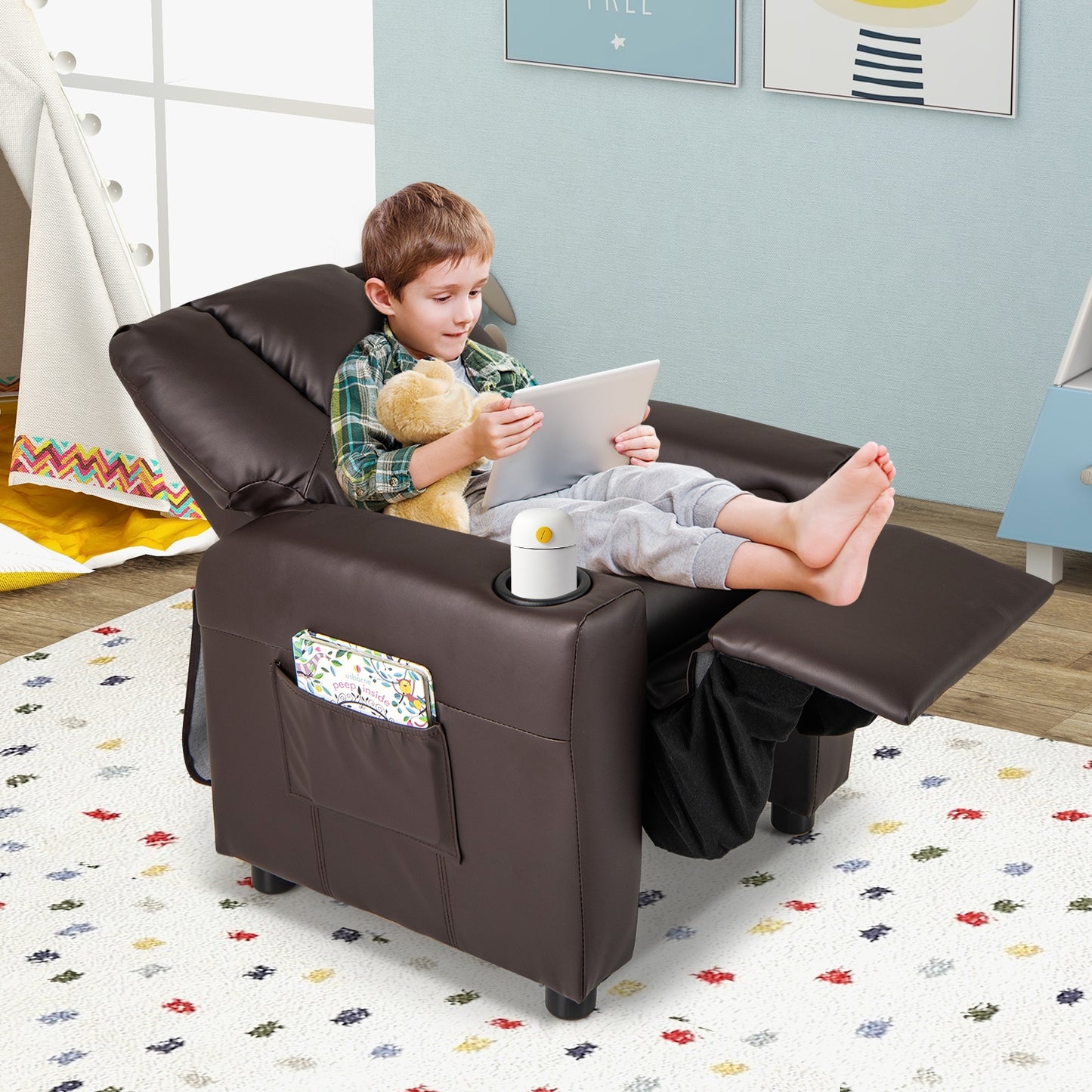 Kids Recliner Chair PU Leather Push Back Toddler Recliner with Cup Holder and Side Pocket-Brown
