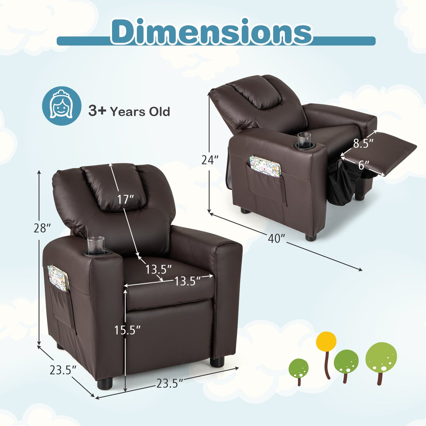 Kids Recliner Chair PU Leather Push Back Toddler Recliner with Cup Holder and Side Pocket-Brown