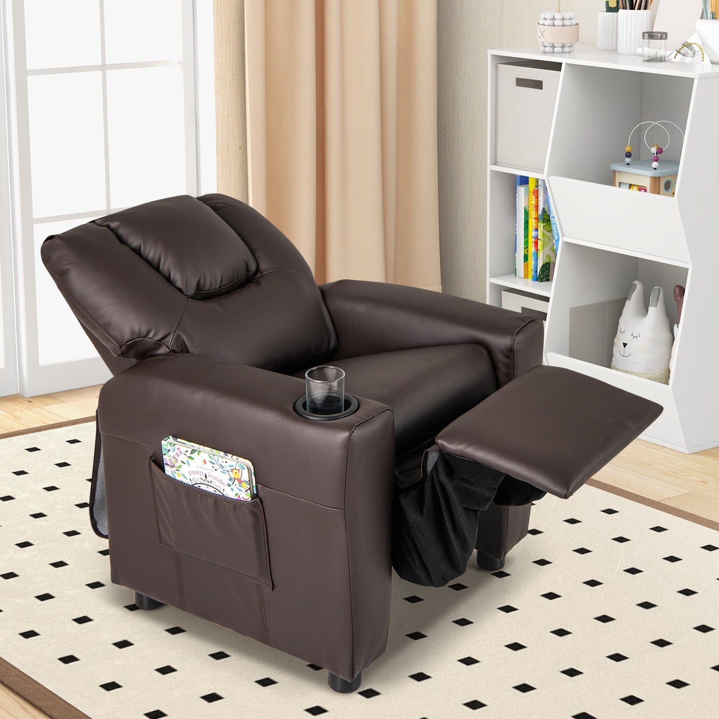 Kids Recliner Chair PU Leather Push Back Toddler Recliner with Cup Holder and Side Pocket-Brown