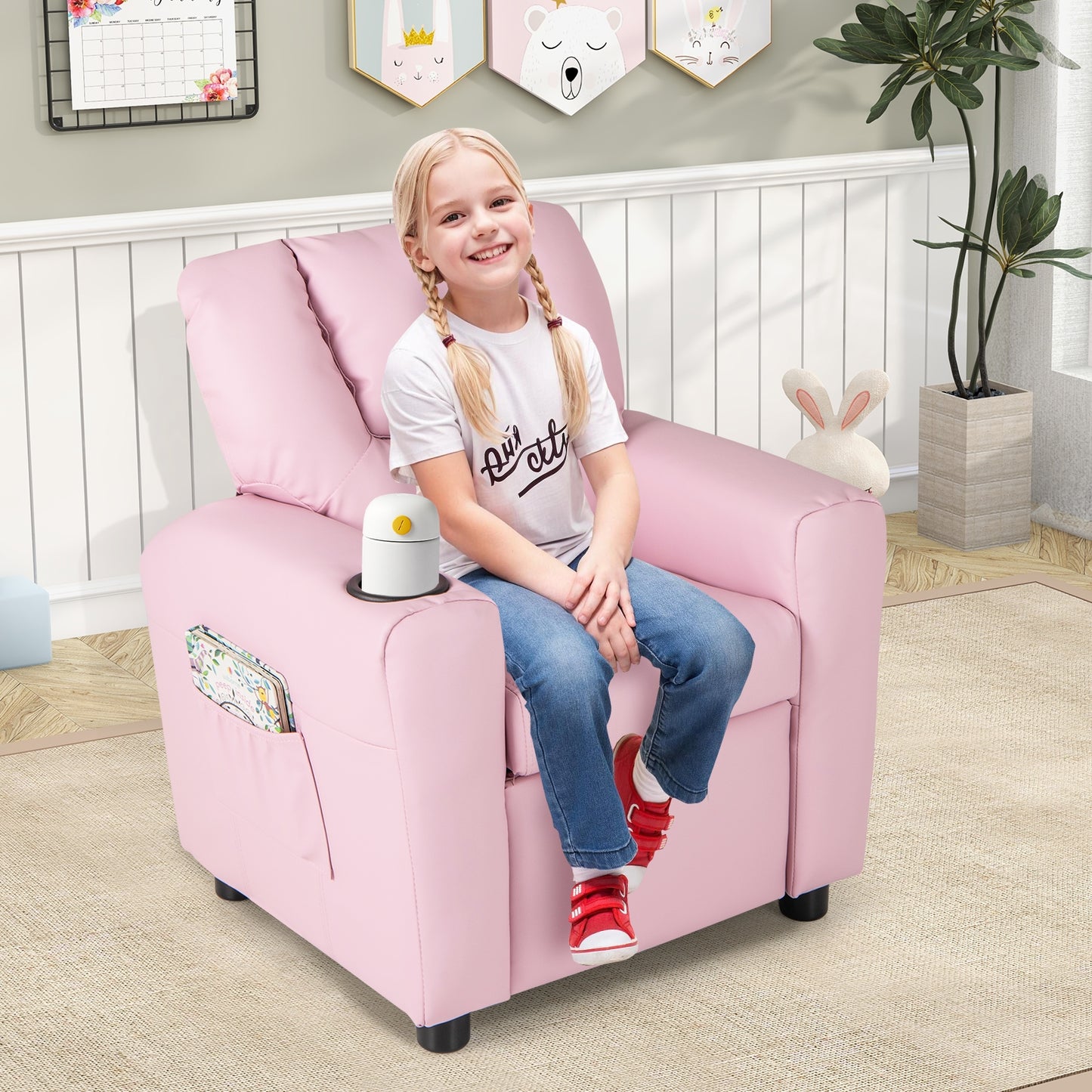 Kids Recliner Chair PU Leather Push Back Toddler Recliner with Cup Holder and Side Pocket-Pink