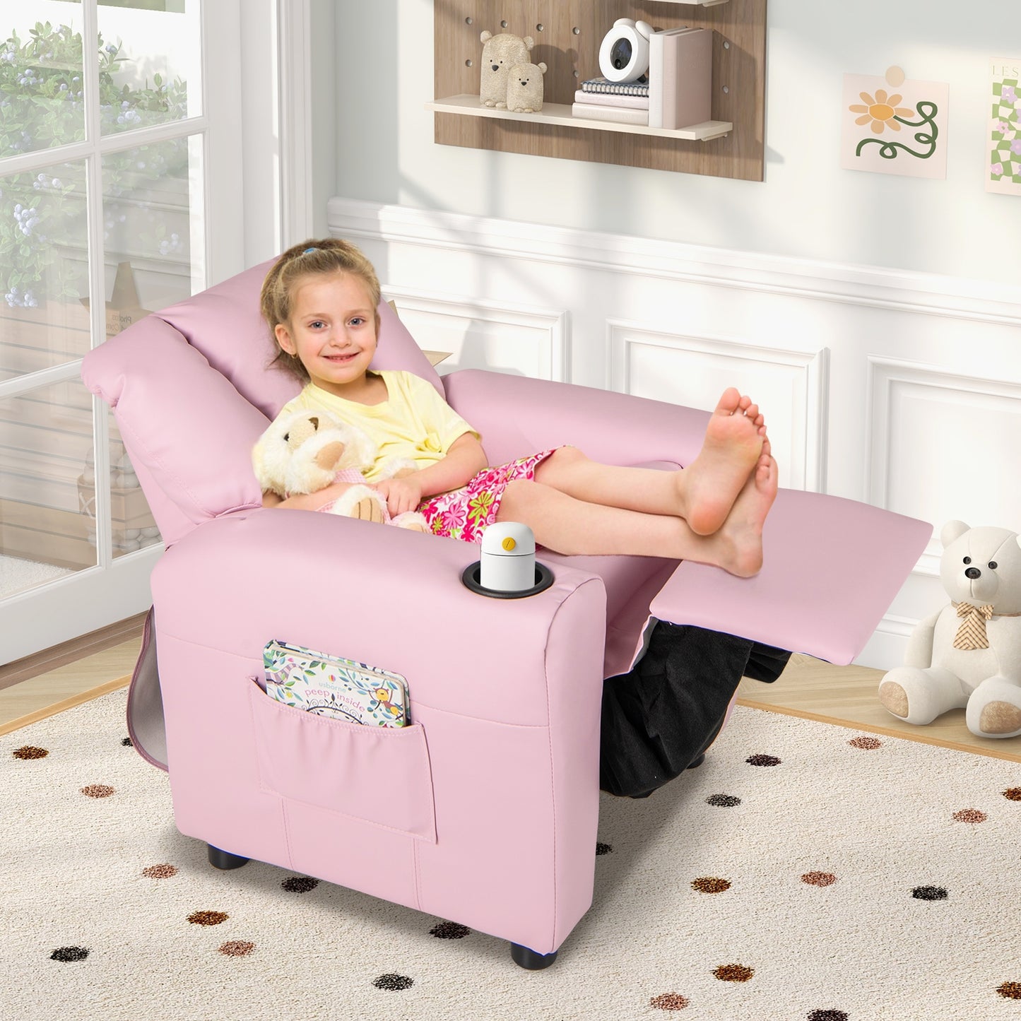 Kids Recliner Chair PU Leather Push Back Toddler Recliner with Cup Holder and Side Pocket-Pink