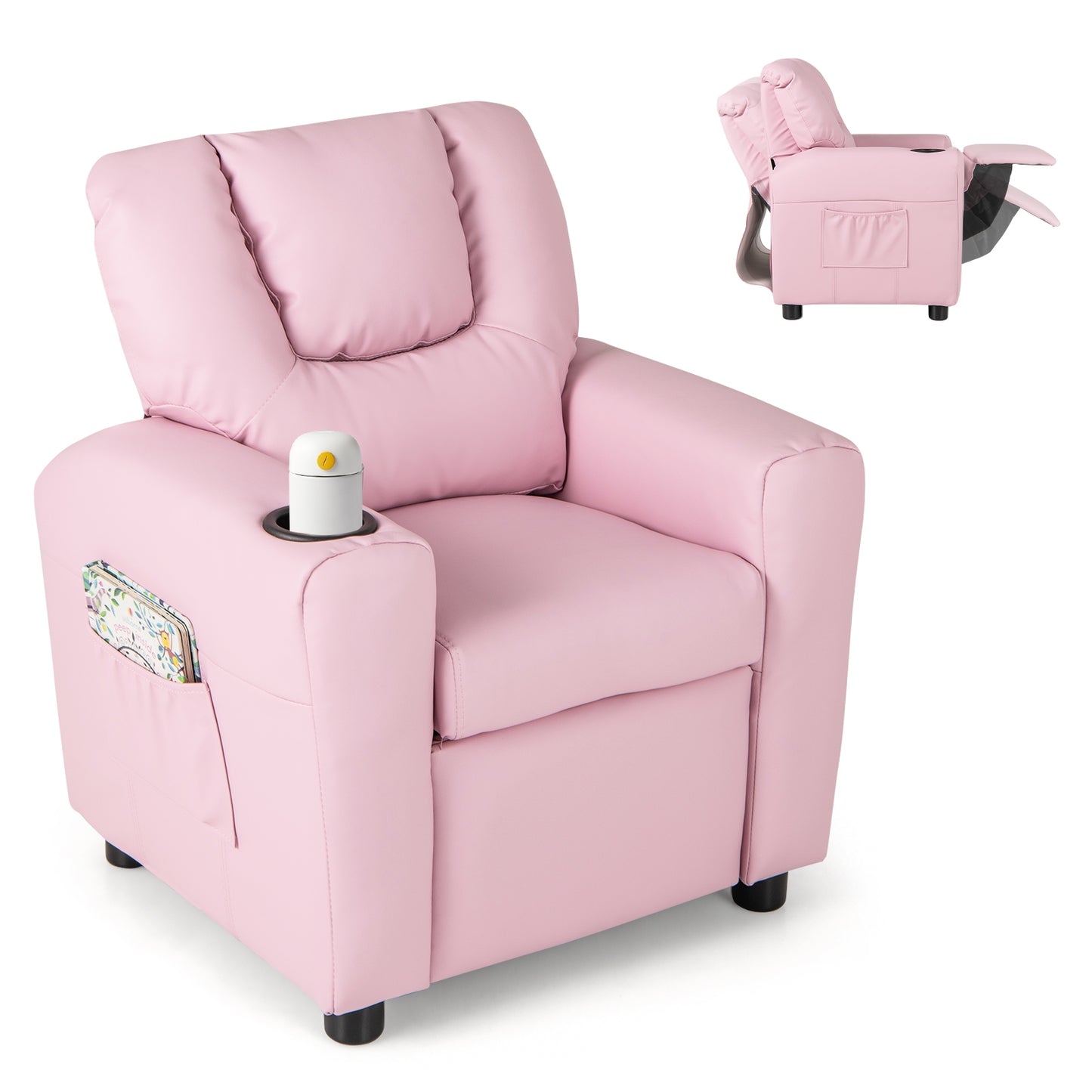Kids Recliner Chair PU Leather Push Back Toddler Recliner with Cup Holder and Side Pocket-Pink