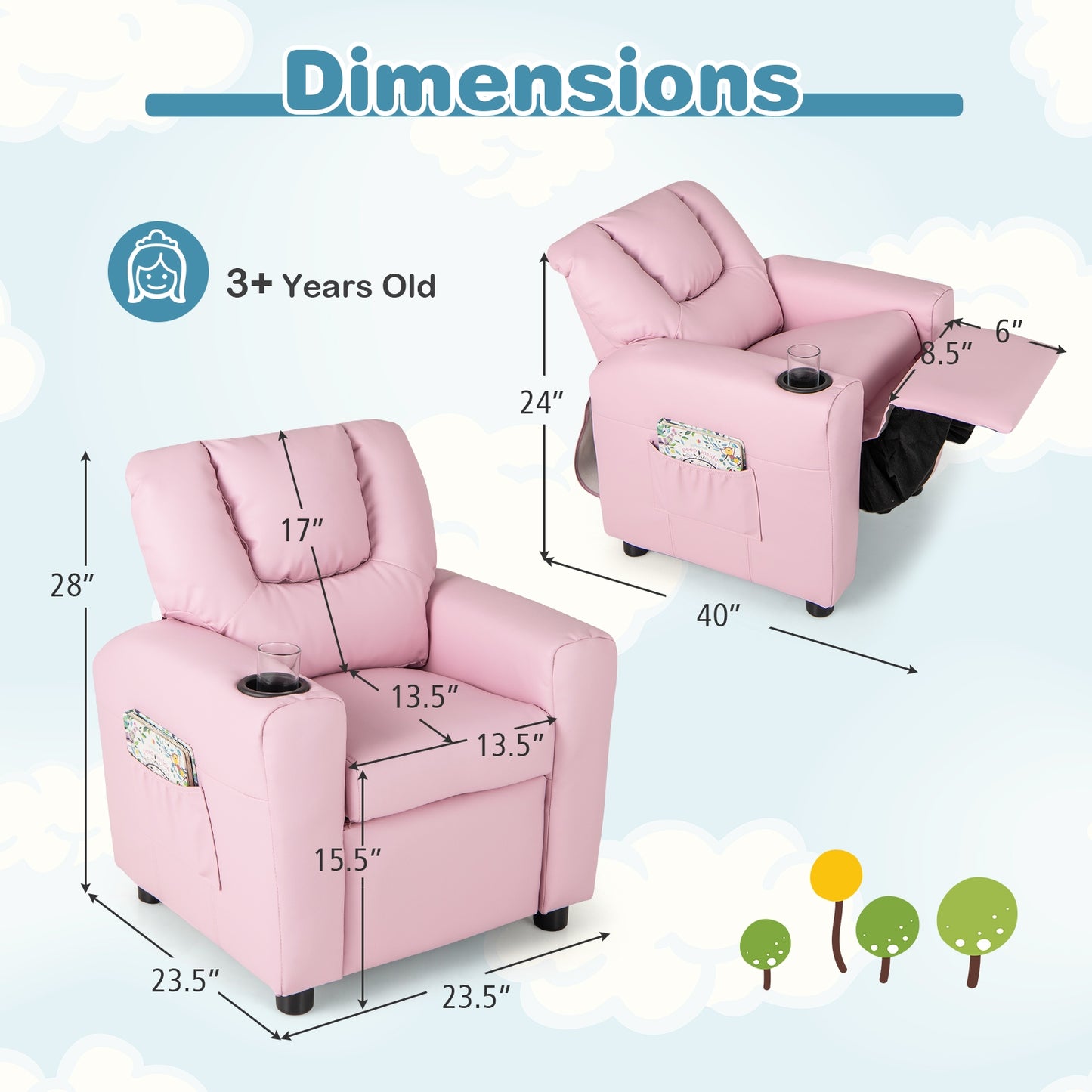 Kids Recliner Chair PU Leather Push Back Toddler Recliner with Cup Holder and Side Pocket-Pink