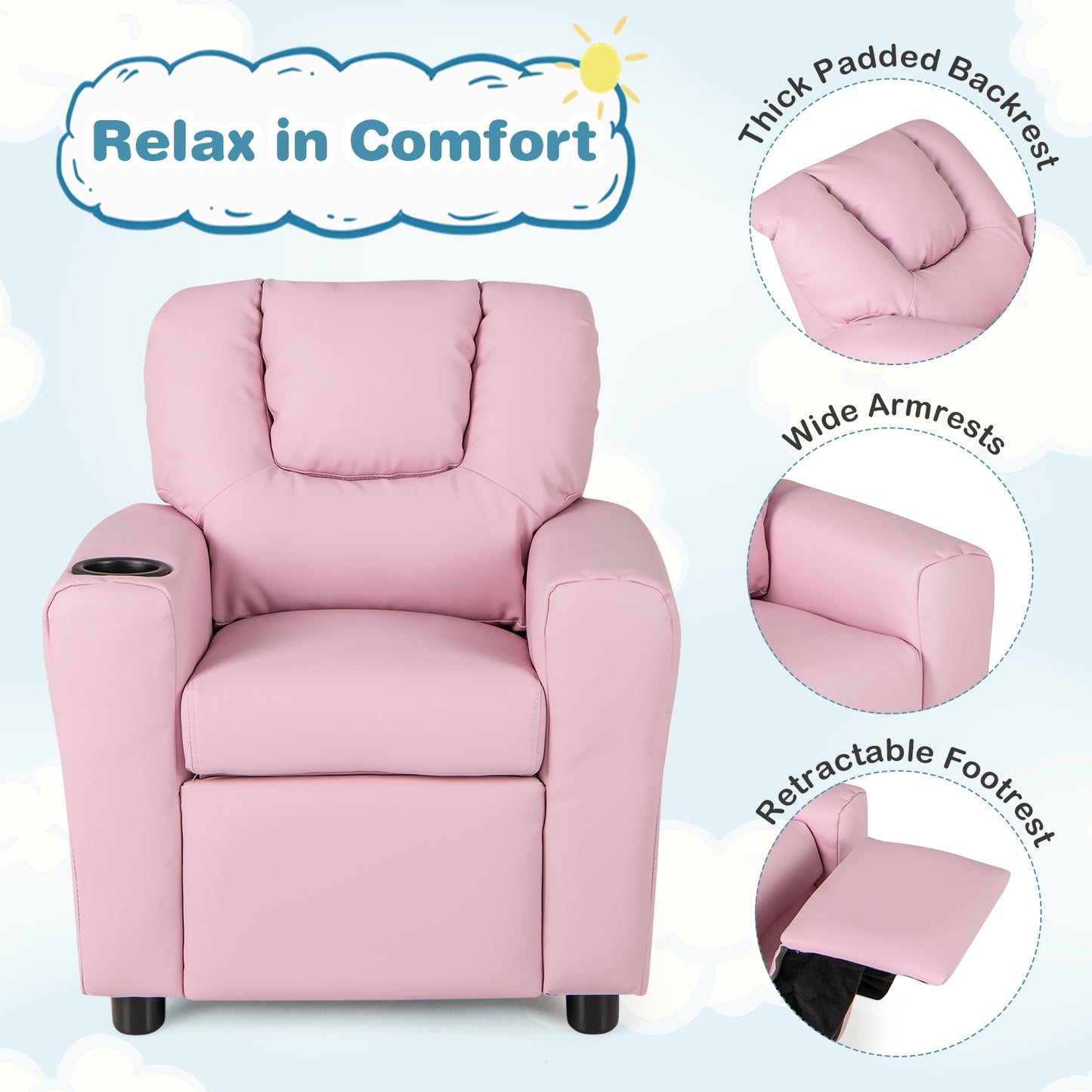 Kids Recliner Chair PU Leather Push Back Toddler Recliner with Cup Holder and Side Pocket-Pink Kids Crystal