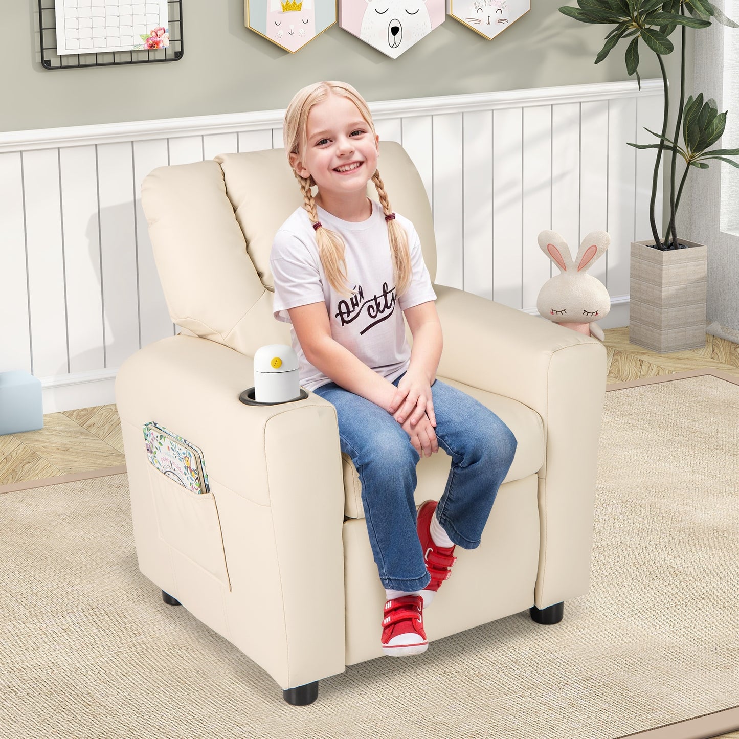 Kids Recliner Chair PU Leather Push Back Toddler Recliner with Cup Holder and Side Pocket-Beige