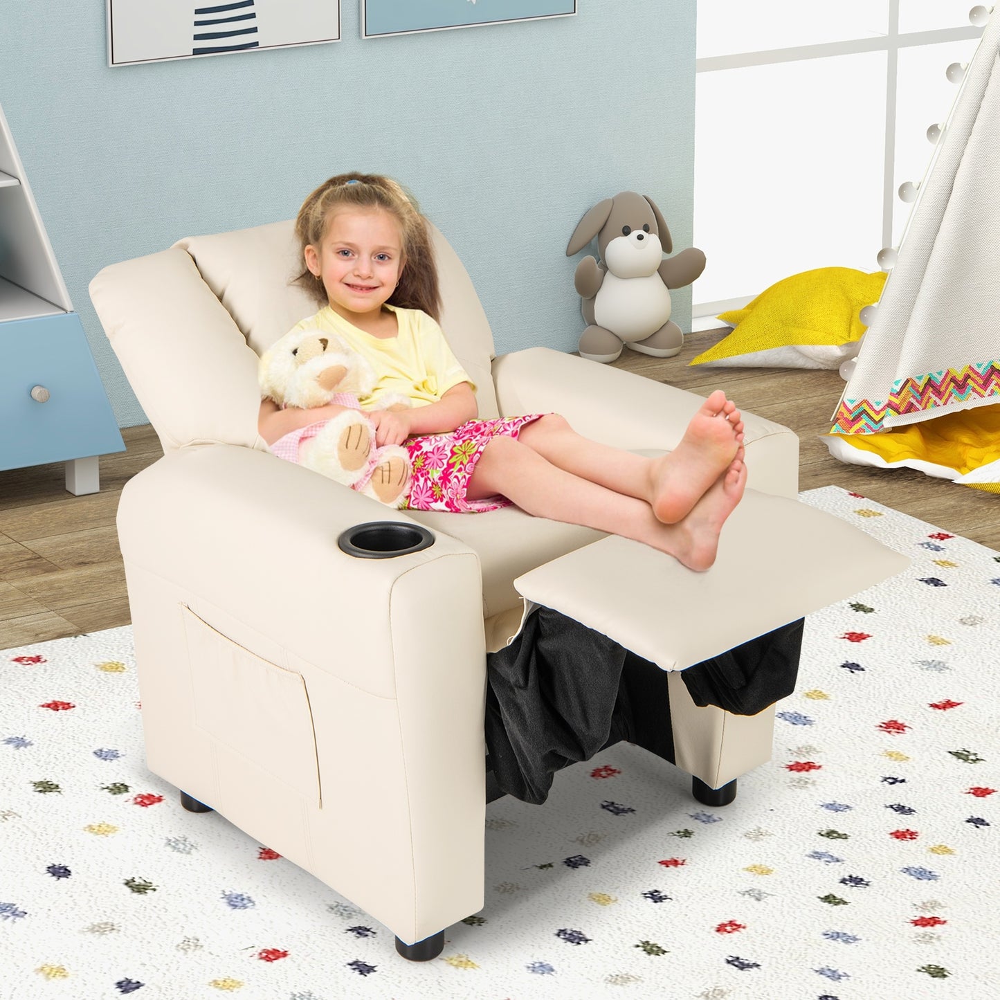 Kids Recliner Chair PU Leather Push Back Toddler Recliner with Cup Holder and Side Pocket-Beige