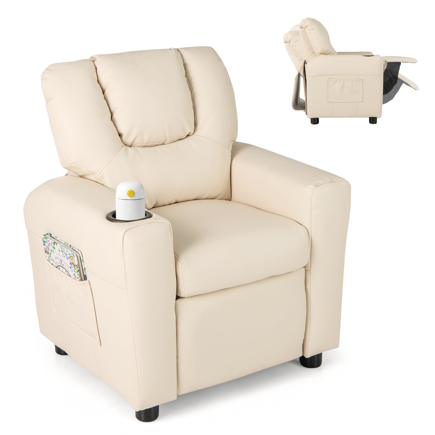 Kids Recliner Chair PU Leather Push Back Toddler Recliner with Cup Holder and Side Pocket-Beige