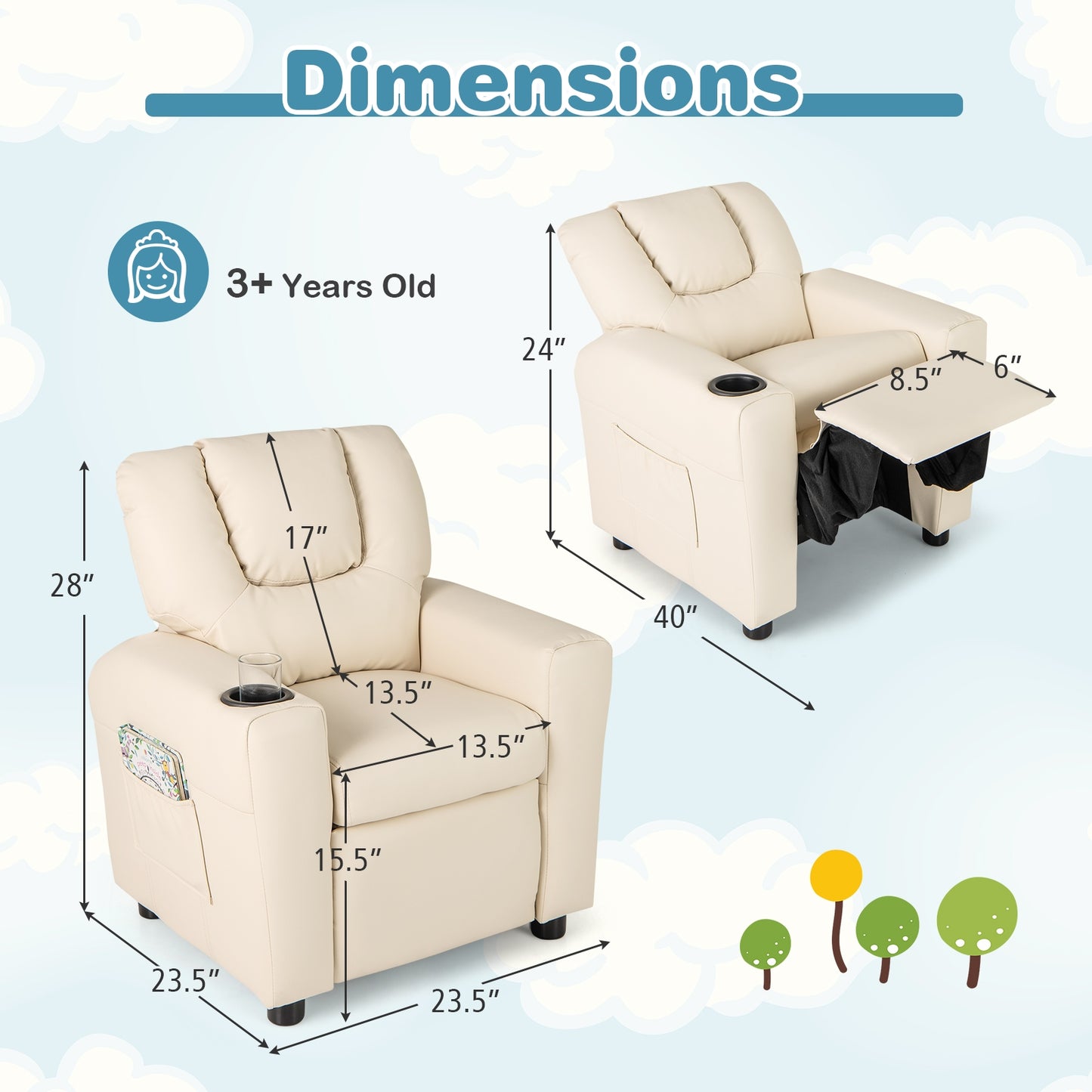 Kids Recliner Chair PU Leather Push Back Toddler Recliner with Cup Holder and Side Pocket-Beige