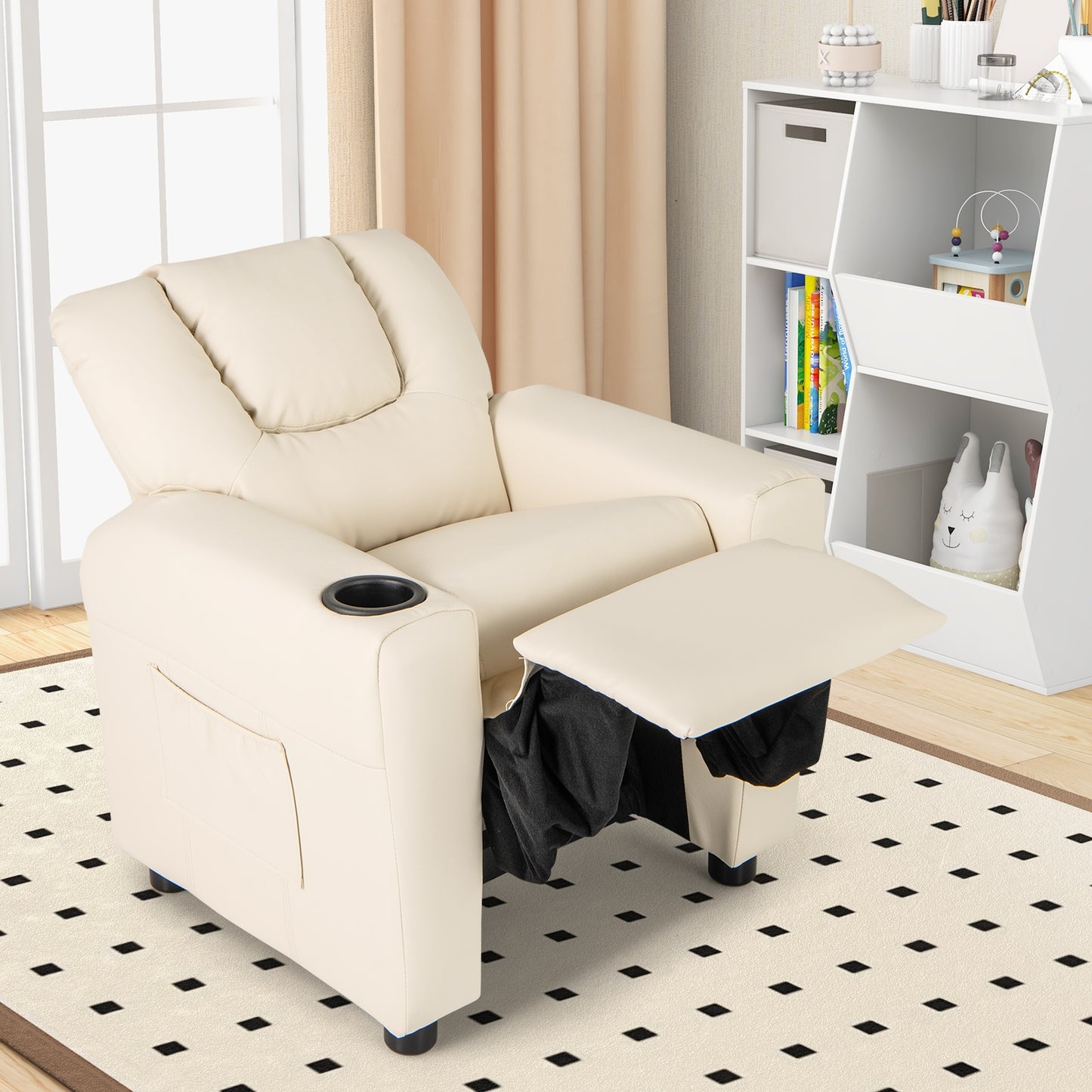 Kids Recliner Chair PU Leather Push Back Toddler Recliner with Cup Holder and Side Pocket-Beige